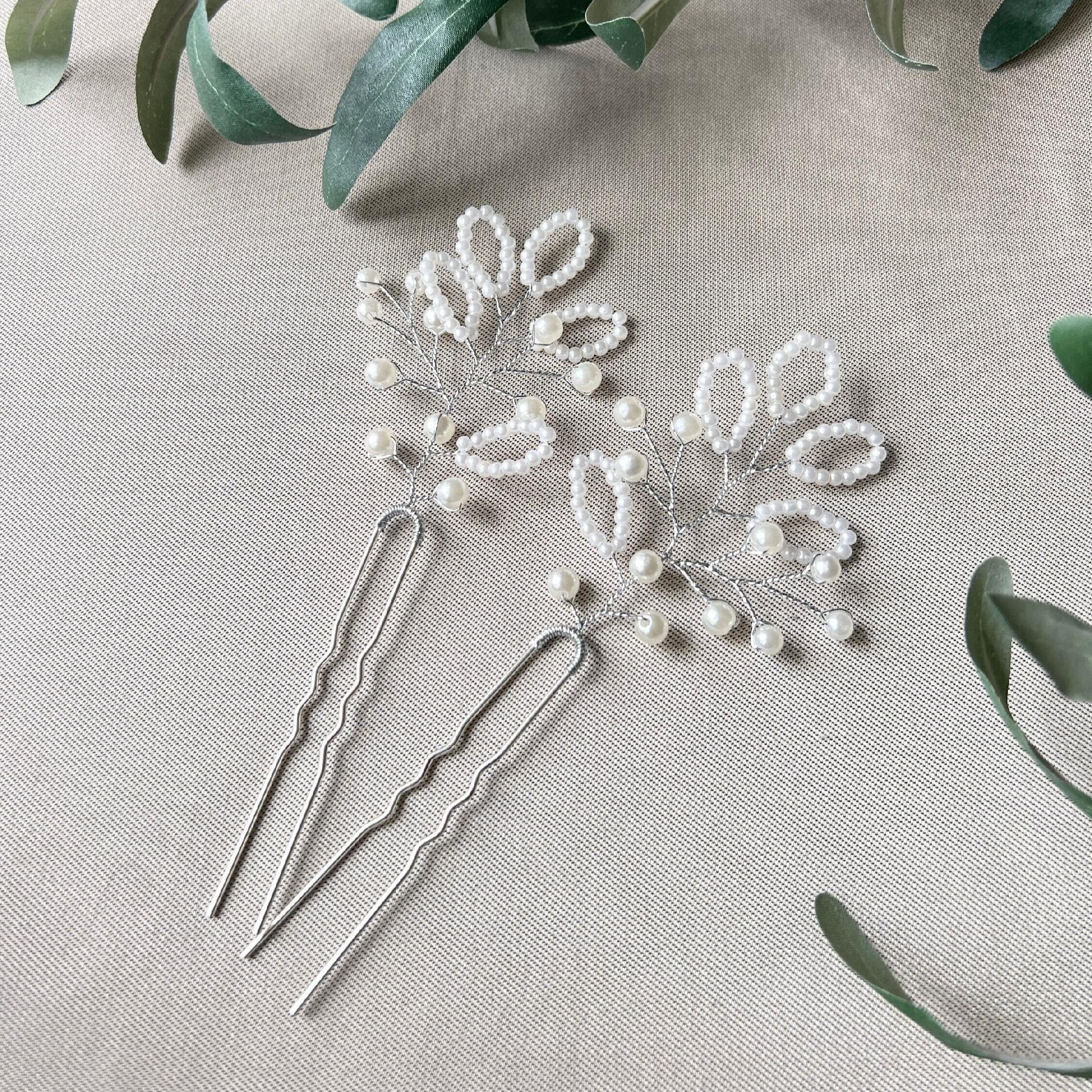 Braut Haarschmuck Set 2 Stück Haarspange Silber mit weißen Perlen Haarnadeln Brautschmuck-Brauthaarschmuck-Schmuckblüte