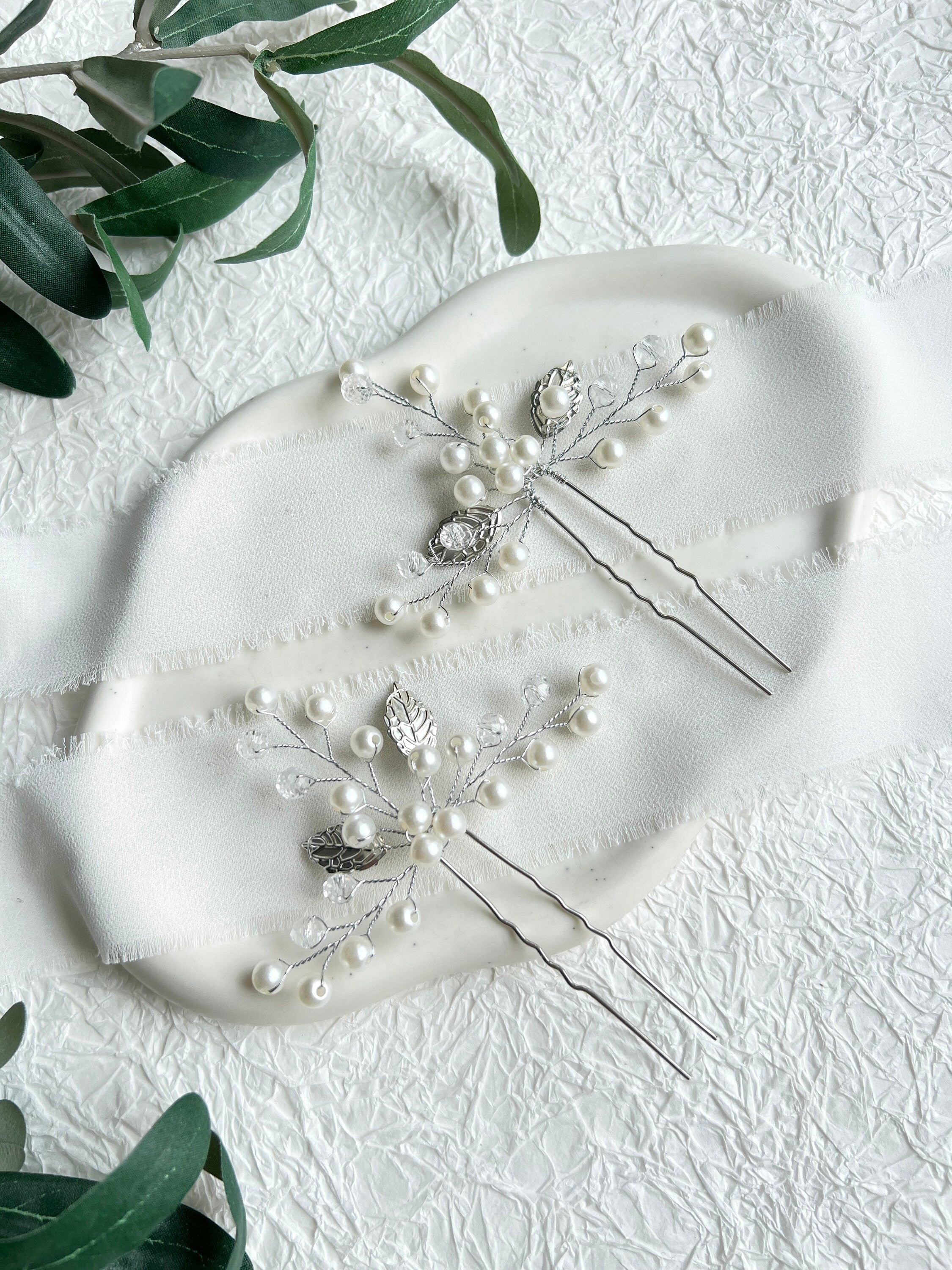 Braut Haarschmuck, Set 2 Stück, Haarspangen, Silber und Weiß, Perlen, Blätter, - Einzeln-Brauthaarschmuck-Schmuckblüte