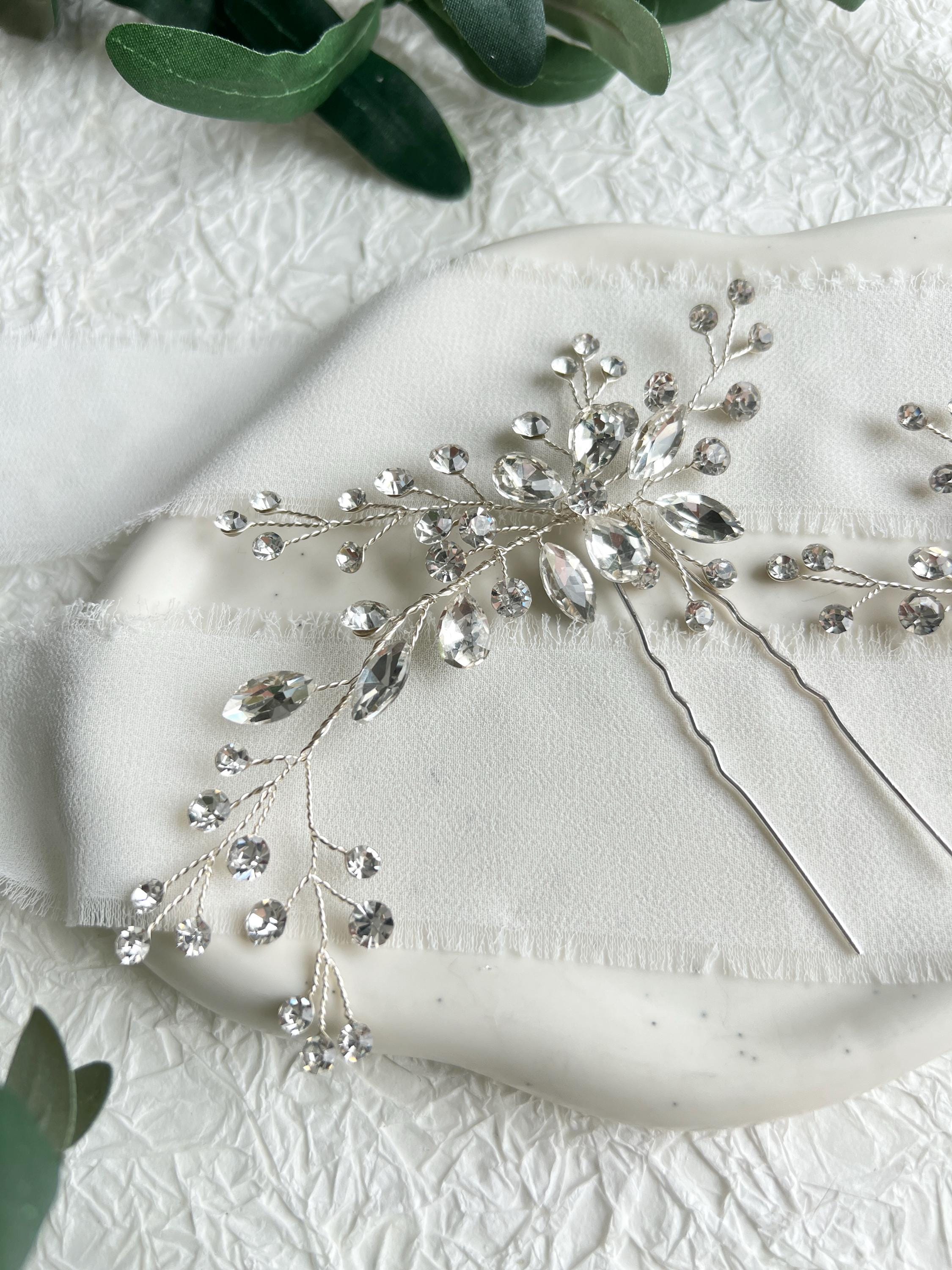 Haarnadel, Set, Silber, Haarspangen mit Strasssteinen, Brautschmuck, Brautfrisur, Schmuck Hochzeit, glänzender Haarschmuck, Braut