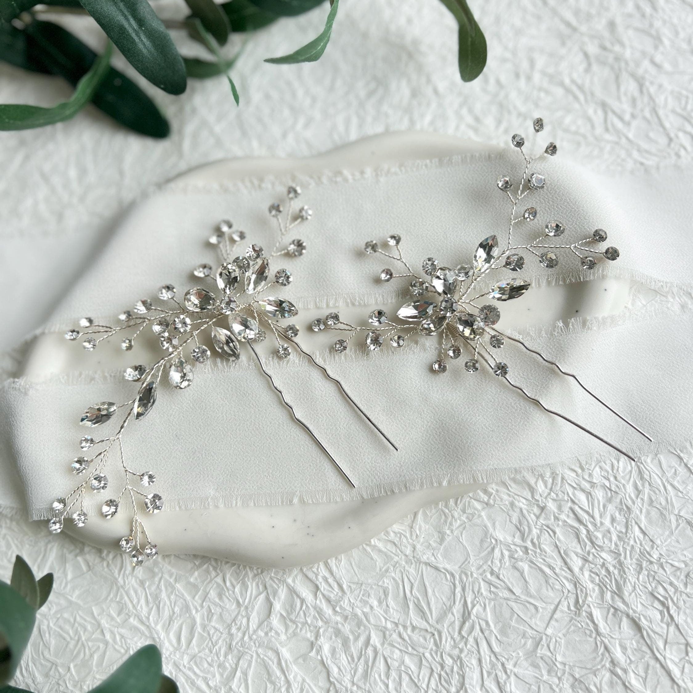 Haarnadel, Set, Silber, Haarspangen mit Strasssteinen, Brautschmuck, Brautfrisur, Schmuck Hochzeit, glänzender Haarschmuck, Braut