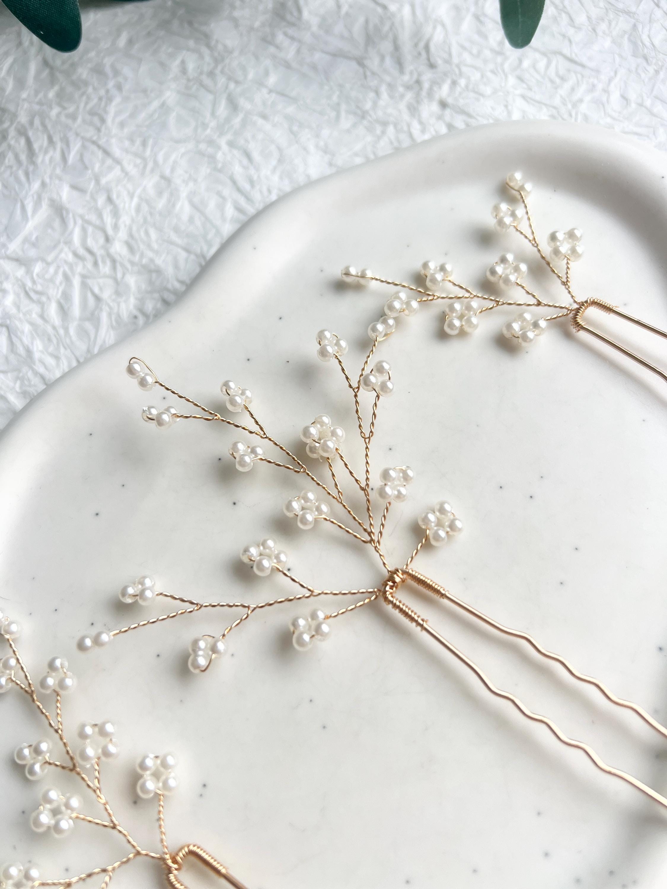 Haarschmuck, Set 3 Stück, goldene Haarnadeln, feine weiße Perlen, Gold, Brautschmuck, Haarspangen, Hochzeit, Standesamt
