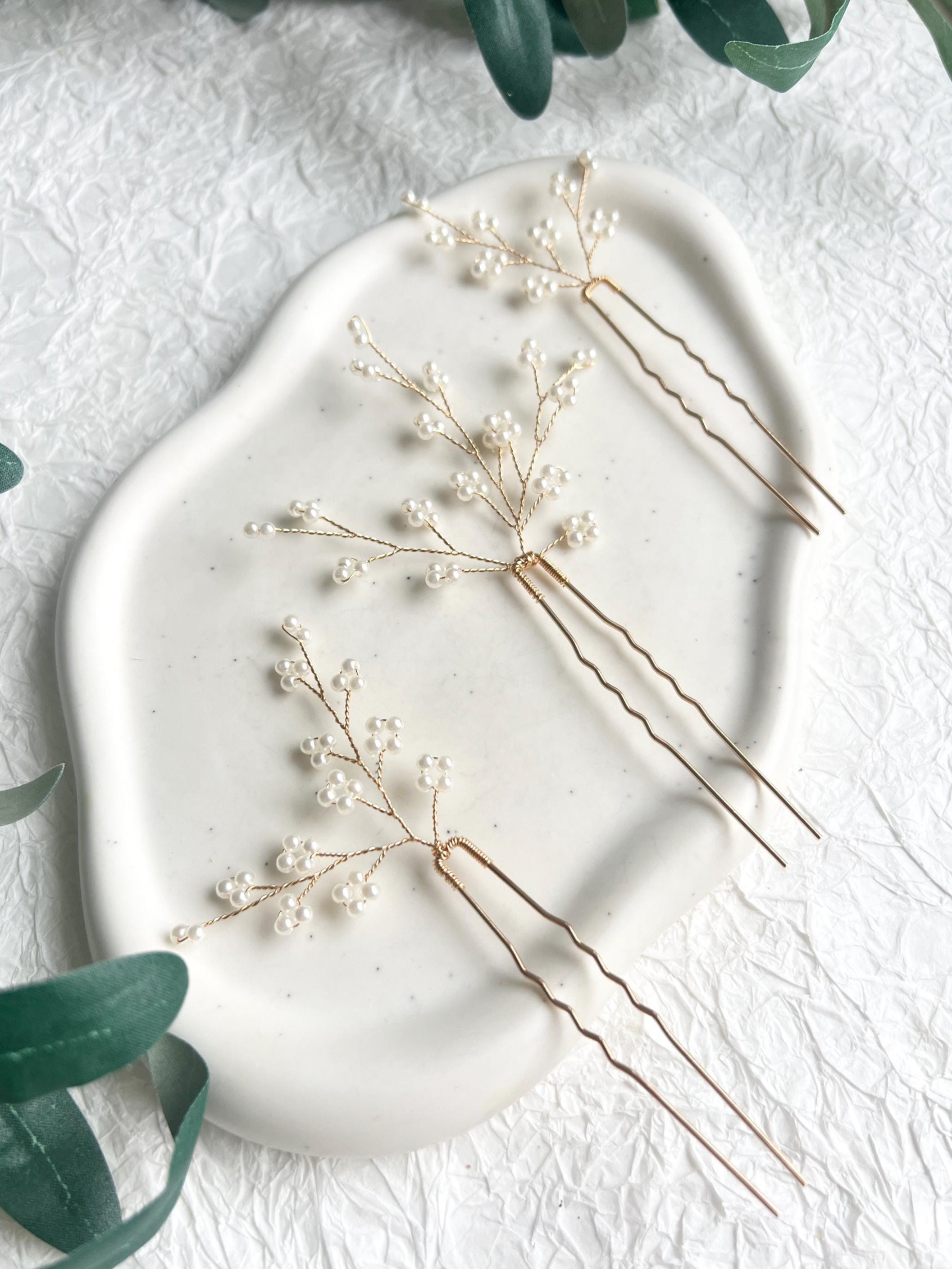 Haarschmuck, Set 3 Stück, goldene Haarnadeln, feine weiße Perlen, Gold, Brautschmuck, Haarspangen, Hochzeit, Standesamt