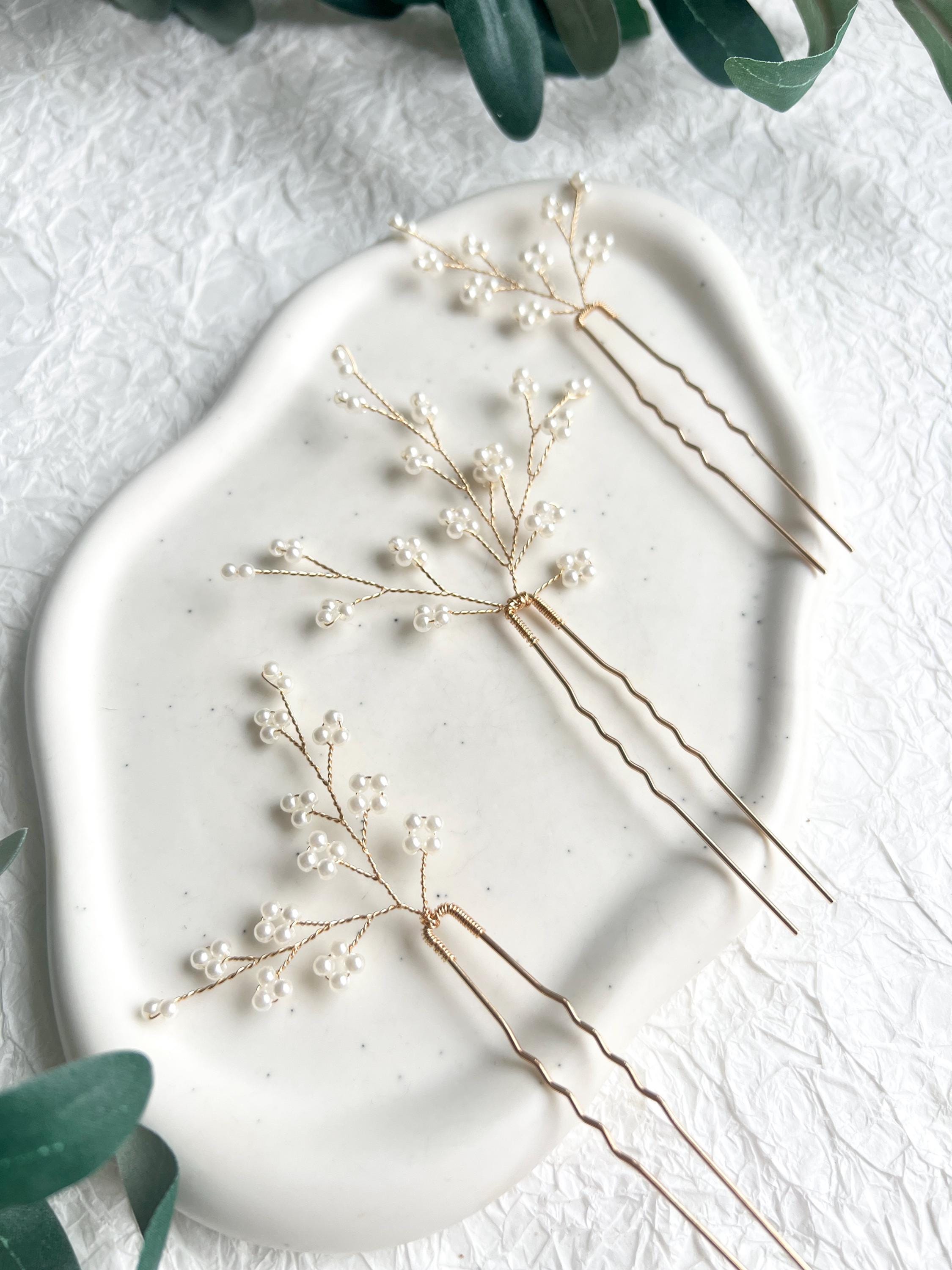 Haarschmuck, Set 3 Stück, goldene Haarnadeln, feine weiße Perlen, Gold, Brautschmuck, Haarspangen, Hochzeit, Standesamt