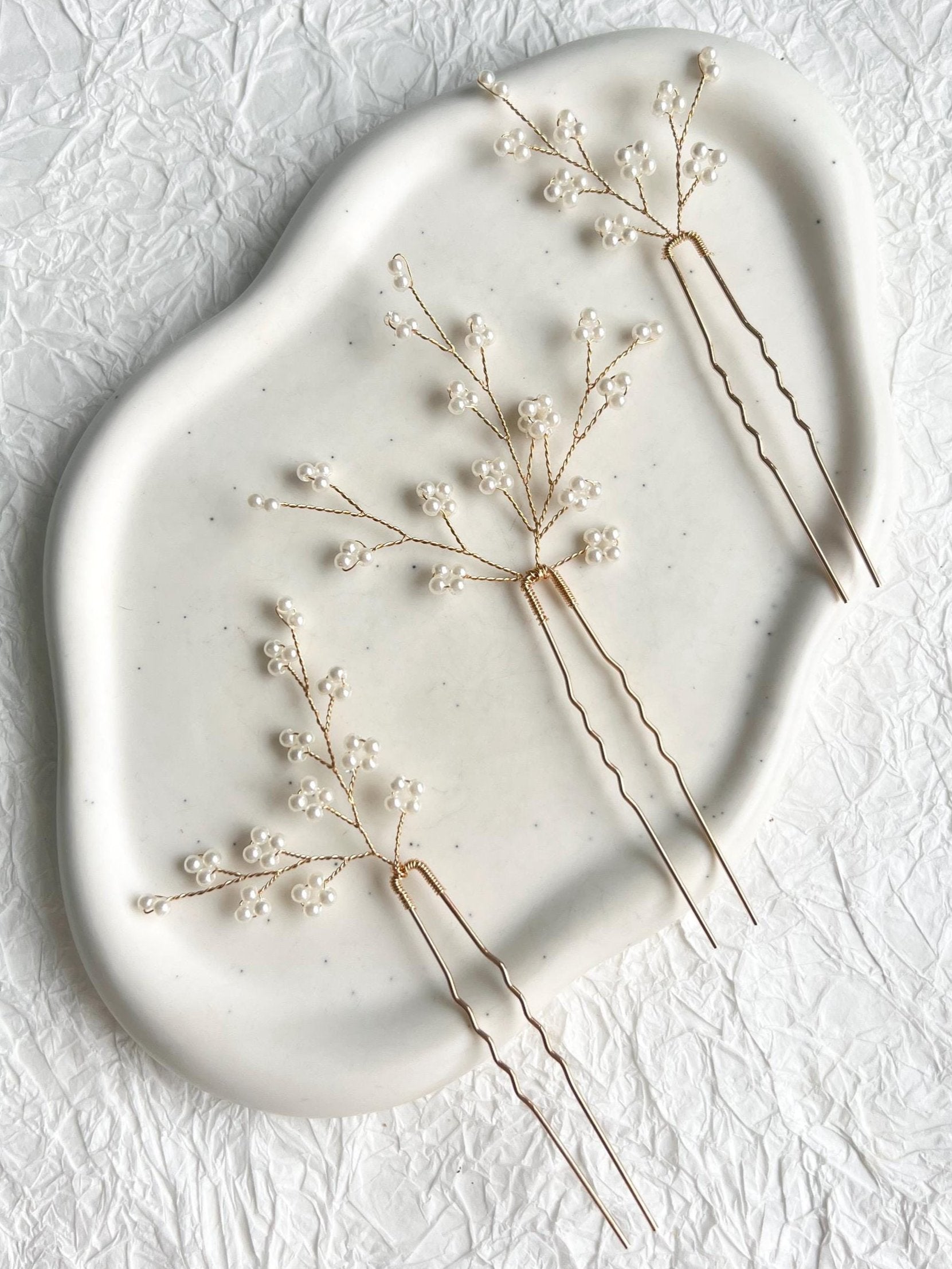 Haarschmuck, Set 3 Stück, goldene Haarnadeln, feine weiße Perlen, Gold, Brautschmuck, Haarspangen, Hochzeit, Standesamt