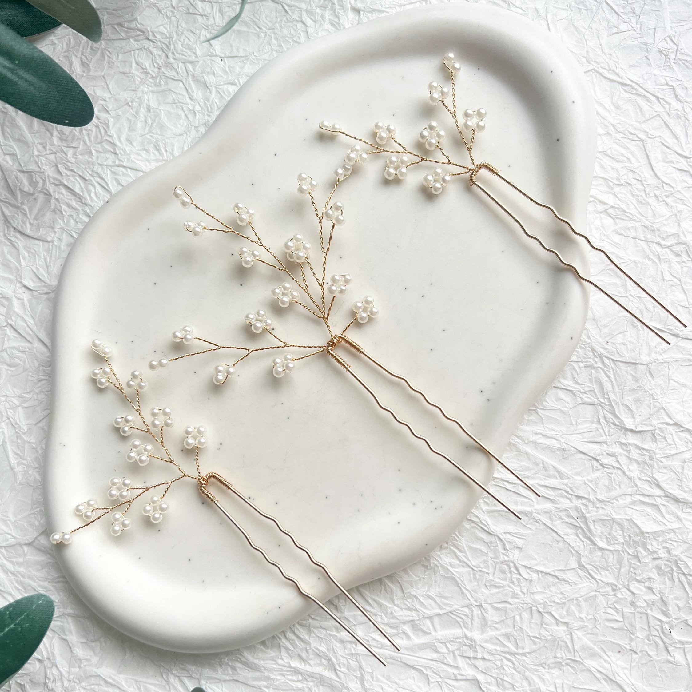 Haarschmuck, Set 3 Stück, goldene Haarnadeln, feine weiße Perlen, Gold, Brautschmuck, Haarspangen, Hochzeit, Standesamt