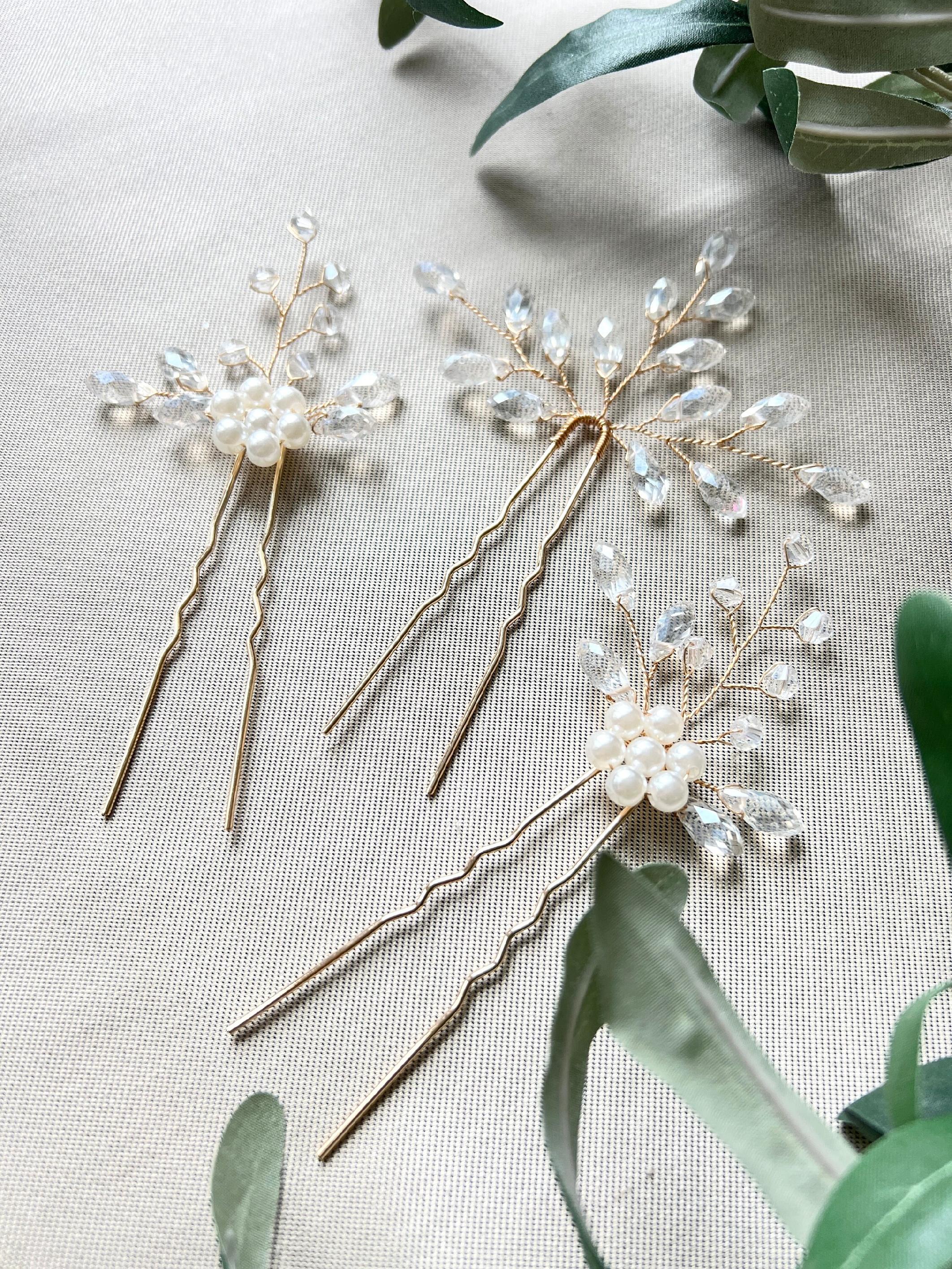 Braut Haarschmuck Set 3 Stück Haarspange gold mit weißen Perlen Haarnadeln Brautschmuck-Brauthaarschmuck-Schmuckblüte