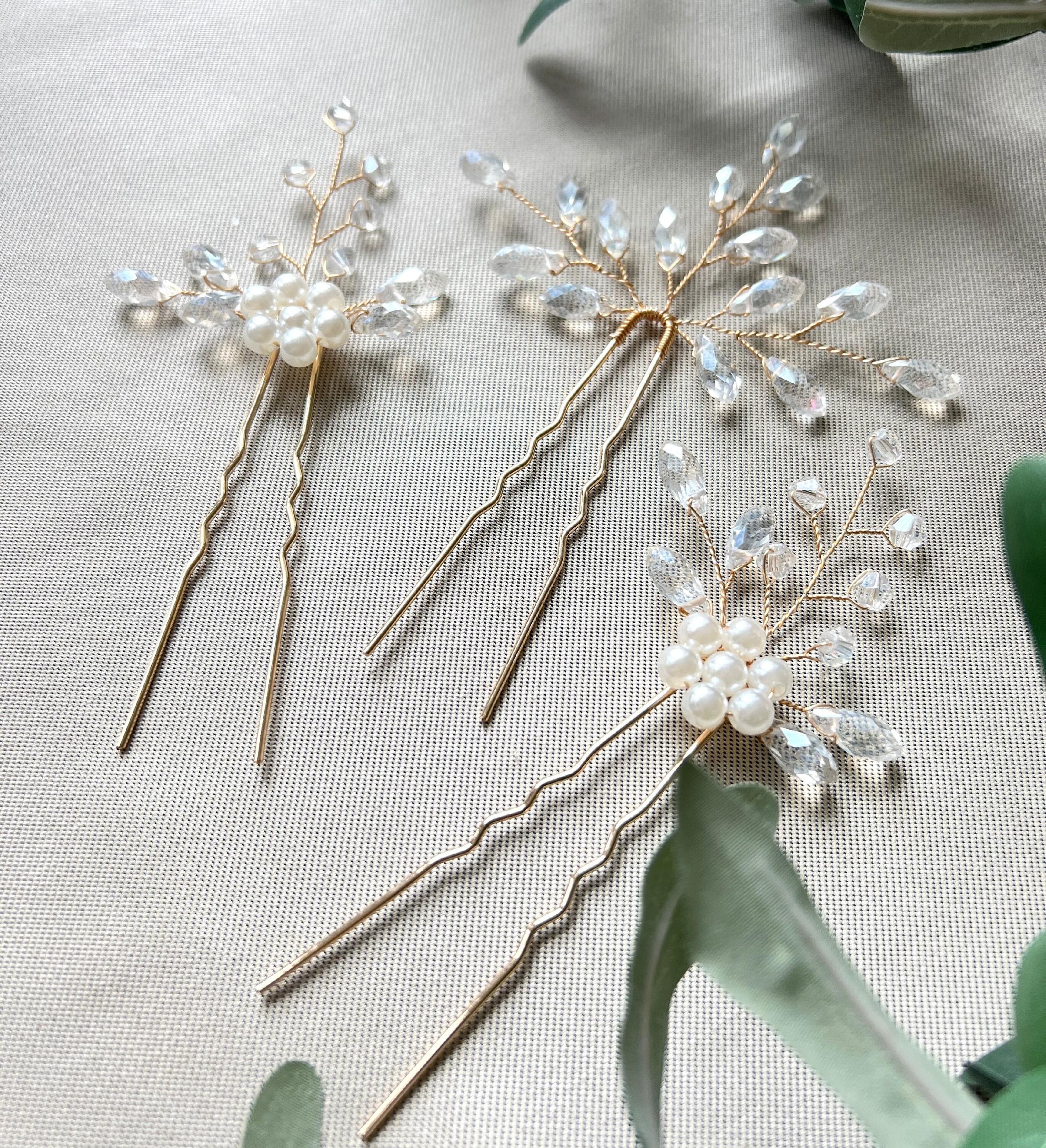 Braut Haarschmuck Set 3 Stück Haarspange gold mit weißen Perlen Haarnadeln Brautschmuck-Brauthaarschmuck-Schmuckblüte