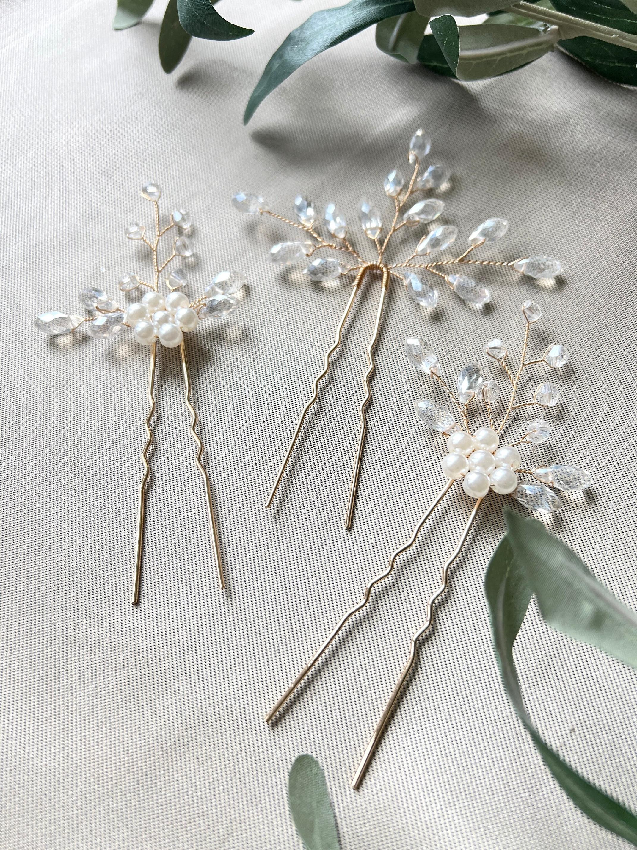Braut Haarschmuck Set 3 Stück Haarspange gold mit weißen Perlen Haarnadeln Brautschmuck-Brauthaarschmuck-Schmuckblüte