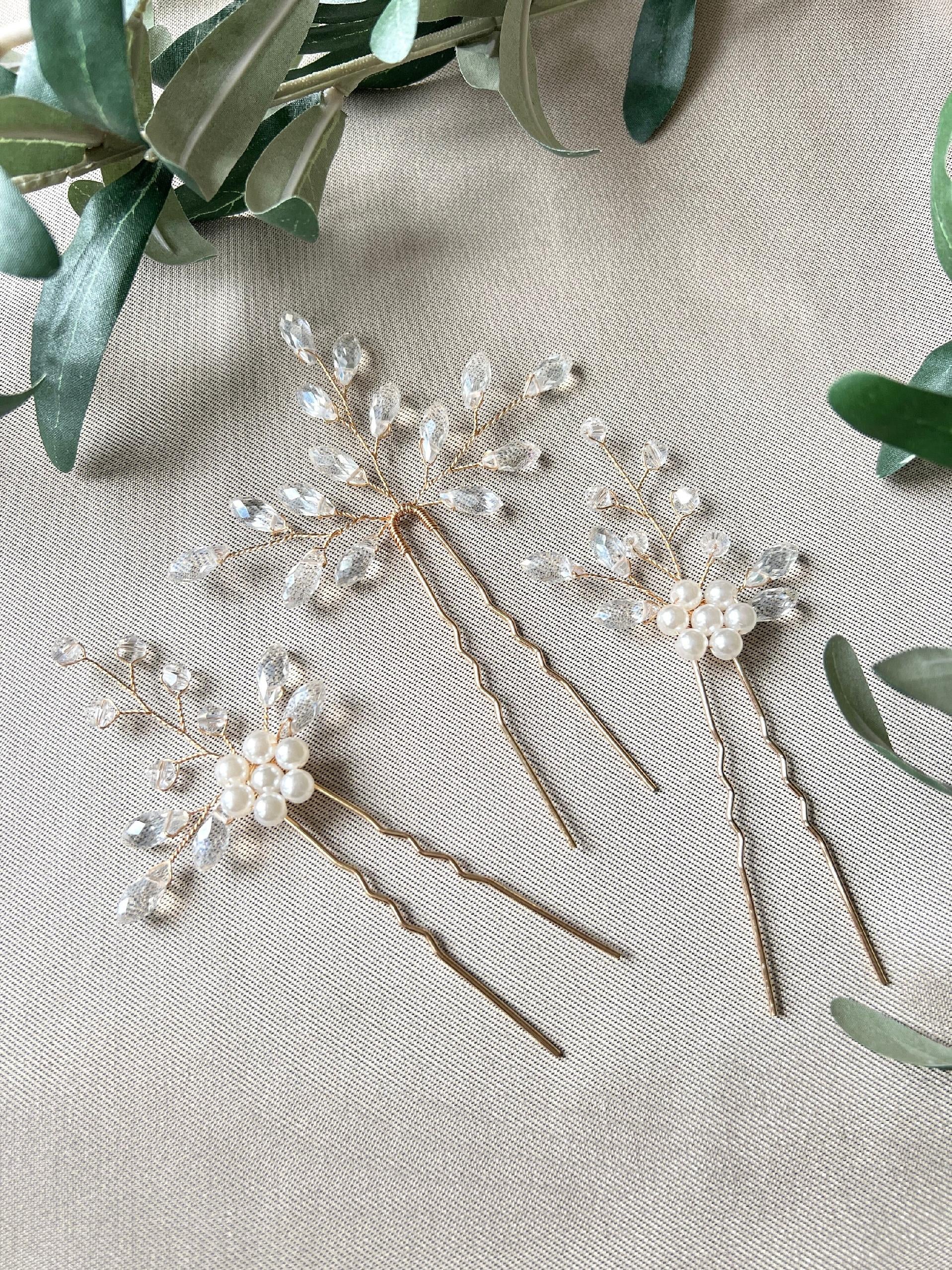 Braut Haarschmuck Set 3 Stück Haarspange gold mit weißen Perlen Haarnadeln Brautschmuck-Brauthaarschmuck-Schmuckblüte