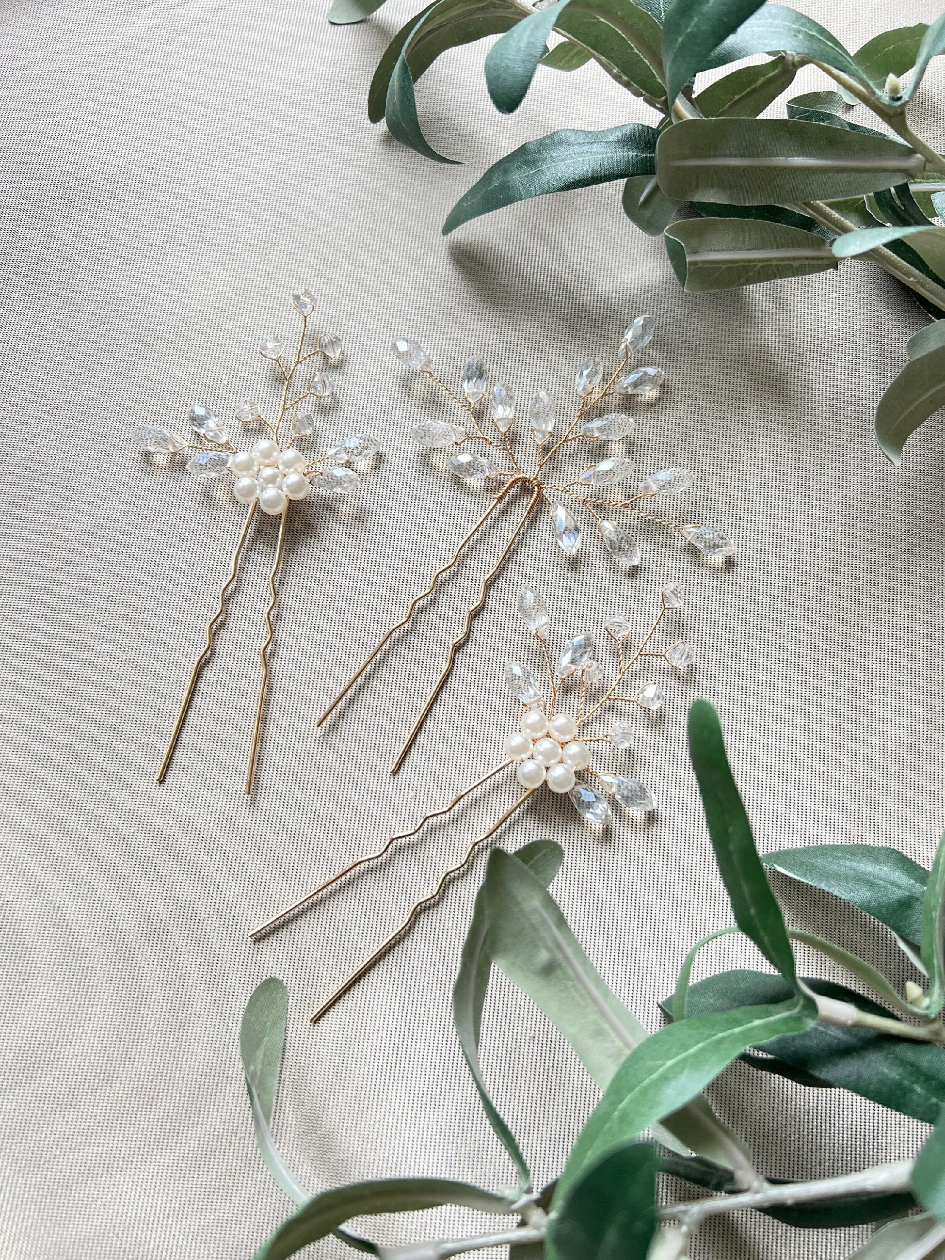 Braut Haarschmuck Set 3 Stück Haarspange gold mit weißen Perlen Haarnadeln Brautschmuck-Brauthaarschmuck-Schmuckblüte