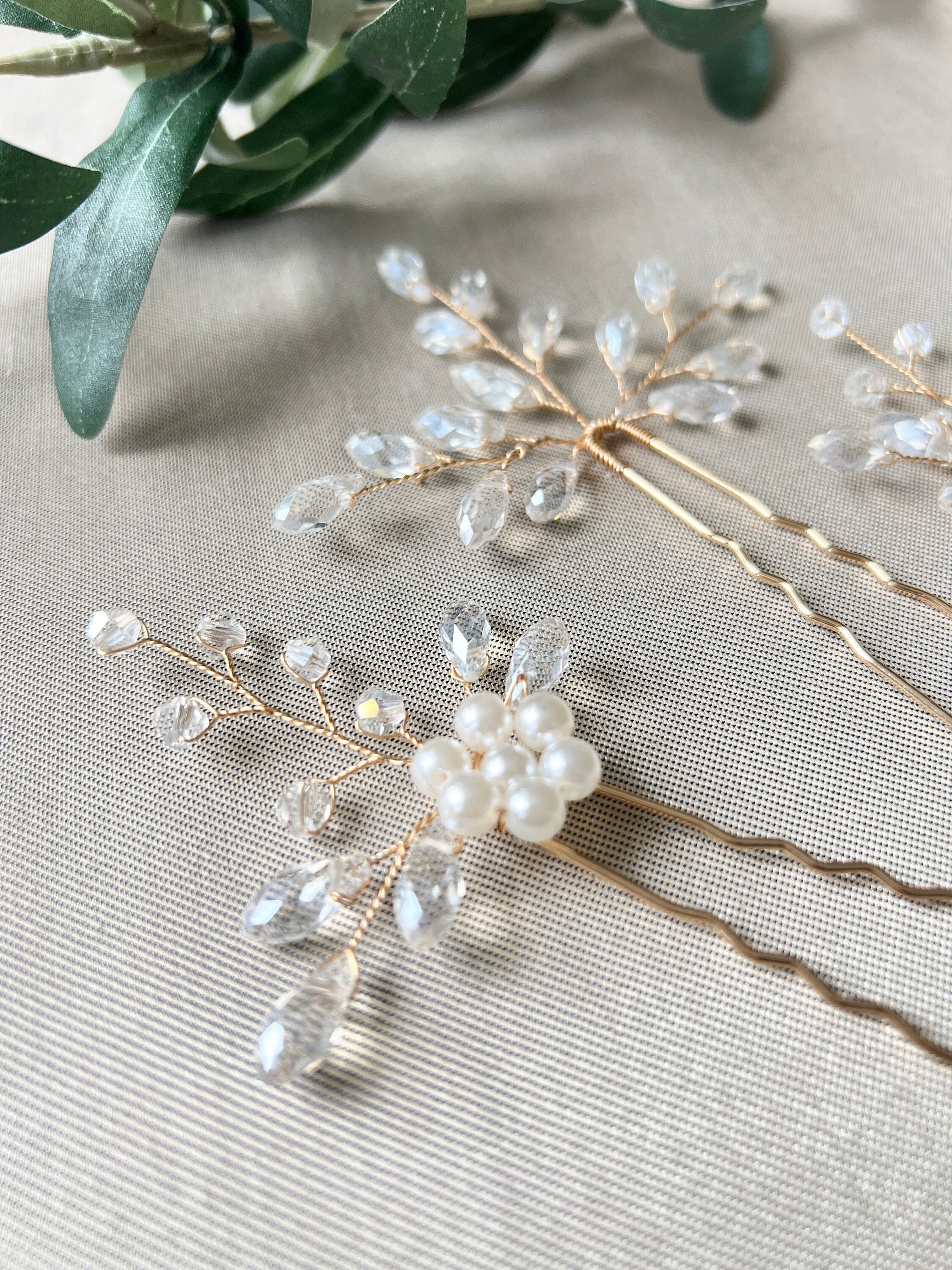 Braut Haarschmuck Set 3 Stück Haarspange gold mit weißen Perlen Haarnadeln Brautschmuck-Brauthaarschmuck-Schmuckblüte