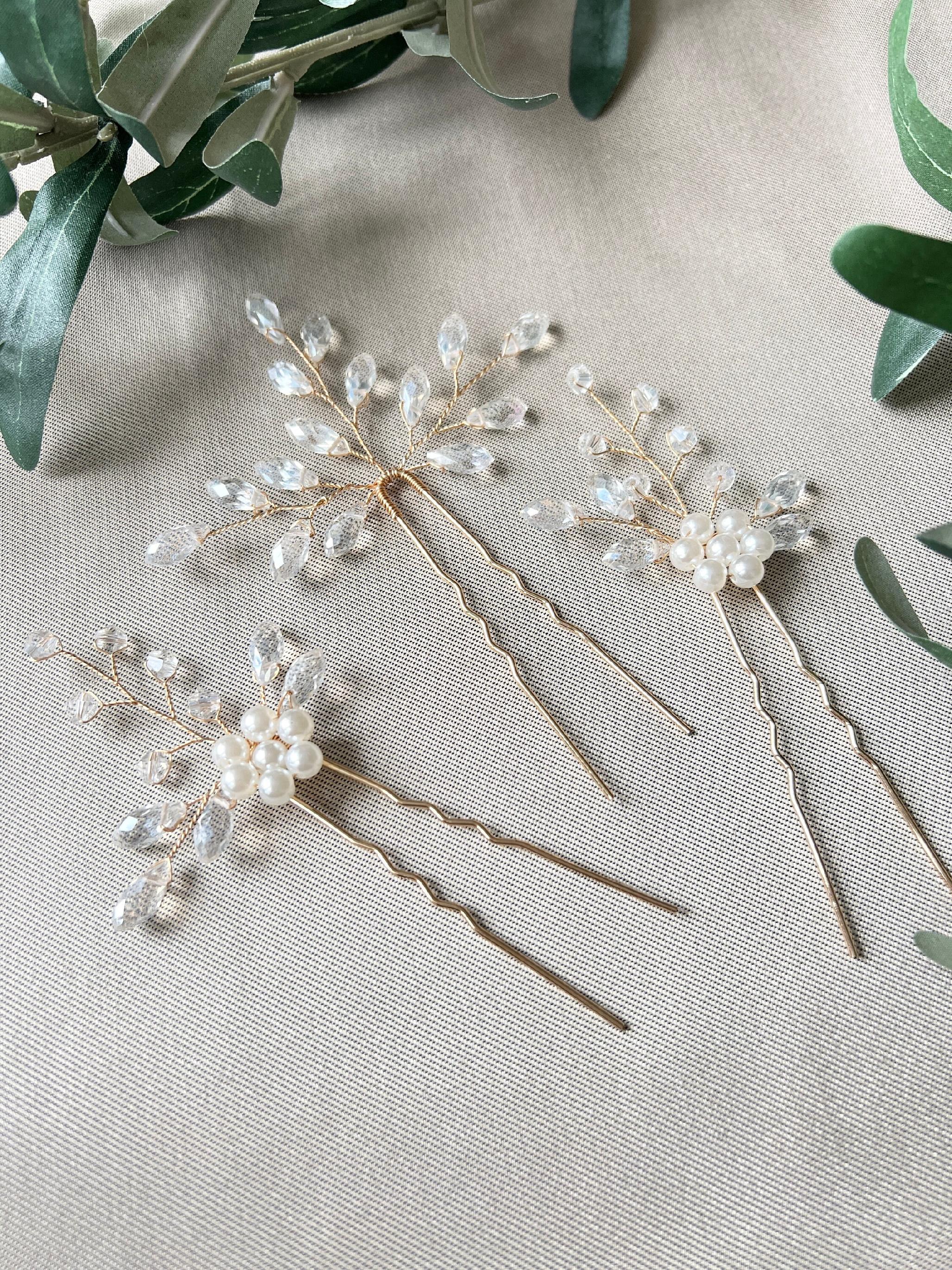 Braut Haarschmuck Set 3 Stück Haarspange gold mit weißen Perlen Haarnadeln Brautschmuck-Brauthaarschmuck-Schmuckblüte
