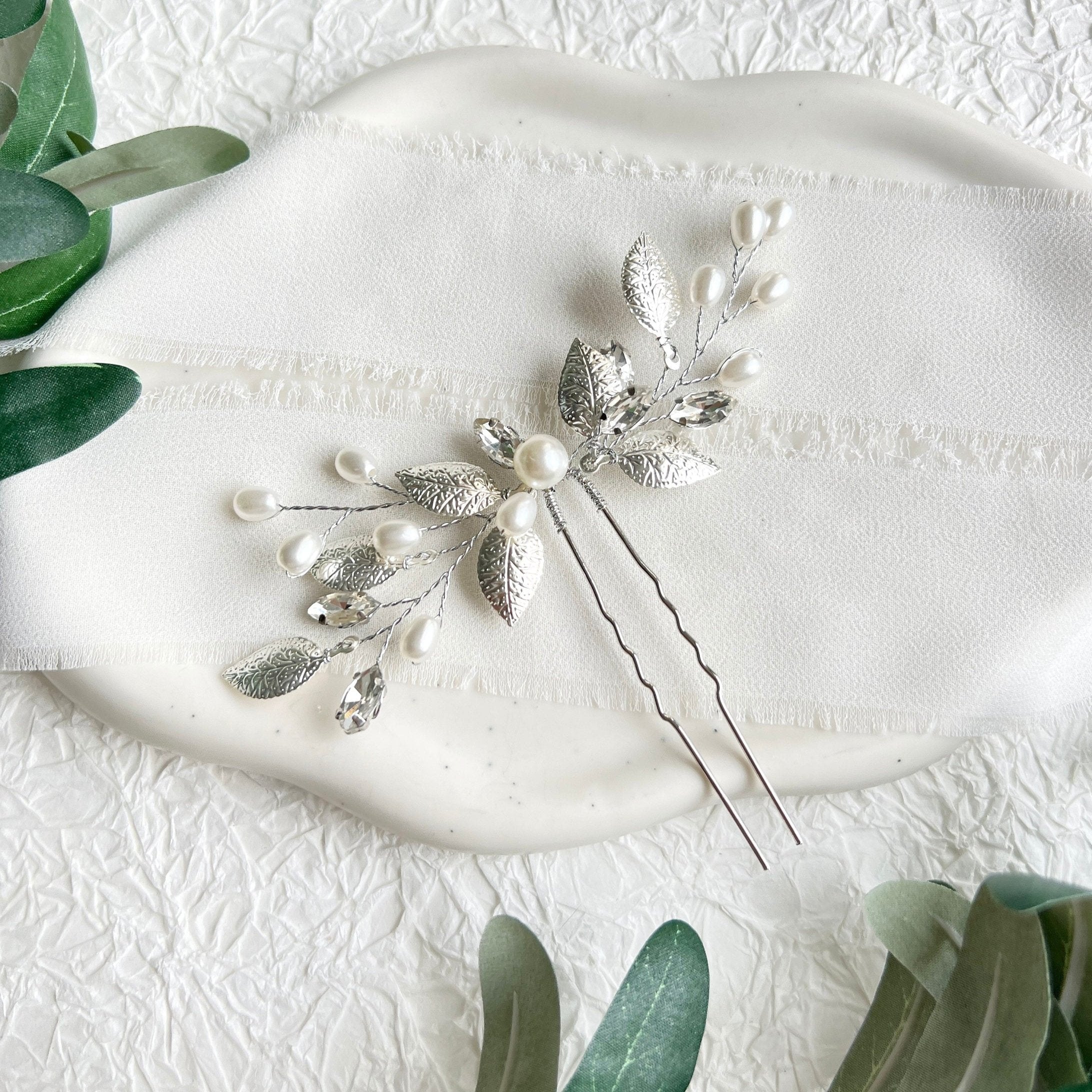 Braut Haarschmuck, Silber Haarnadel, weiße Perlen, Strass, Hochzeit Schmuck, Vintage, hochwertiger-Brauthaarschmuck-Schmuckblüte