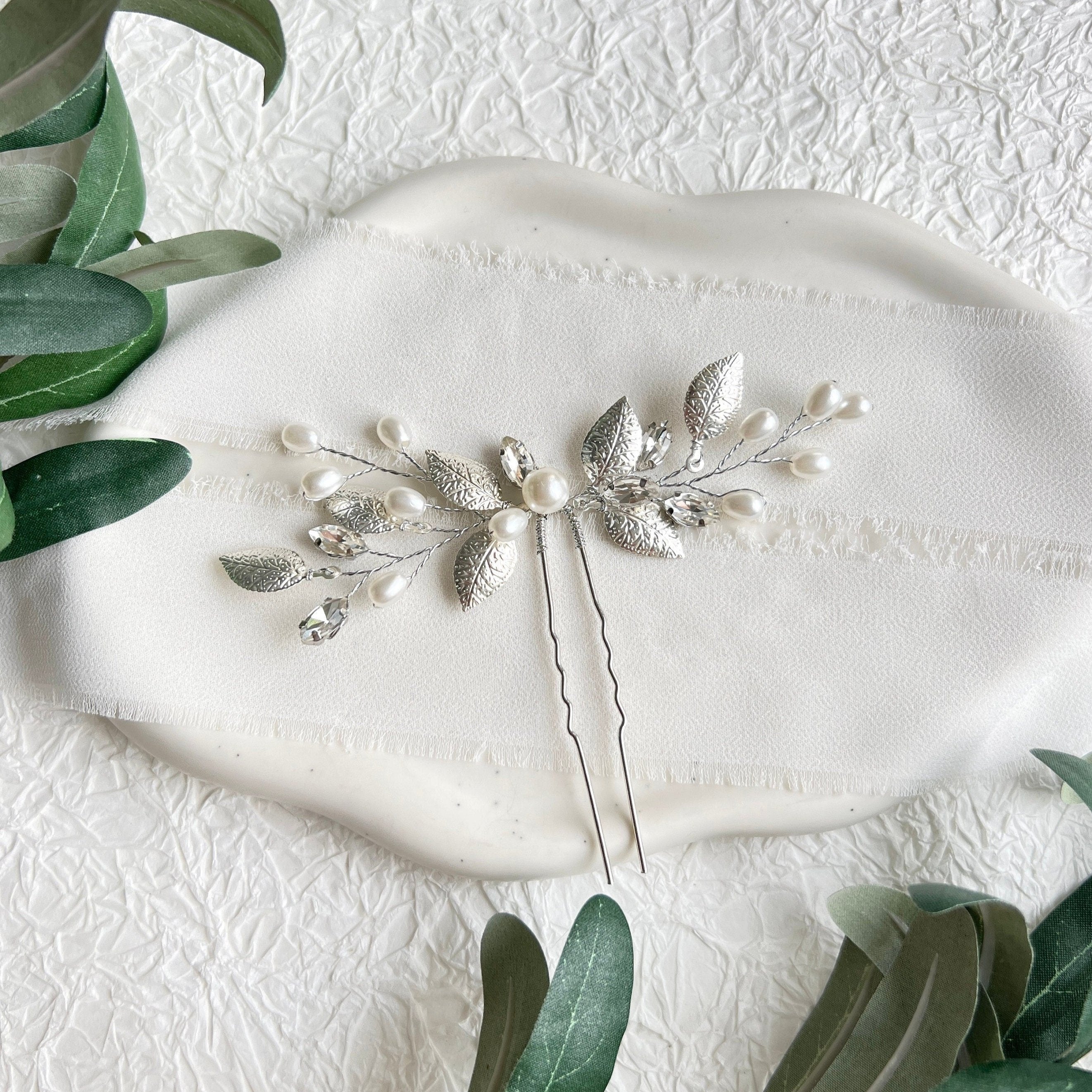 Braut Haarschmuck, Silber Haarnadel, weiße Perlen, Strass, Hochzeit Schmuck, Vintage, hochwertiger-Brauthaarschmuck-Schmuckblüte