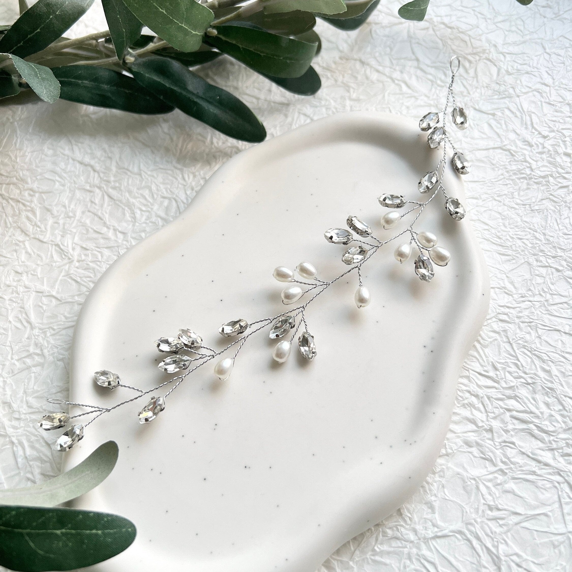 Braut Haarschmuck, Silber Haarrebe mit Perlen, Strass, Haar Hochzeit, Brautschmuck,-Brauthaarschmuck-Schmuckblüte