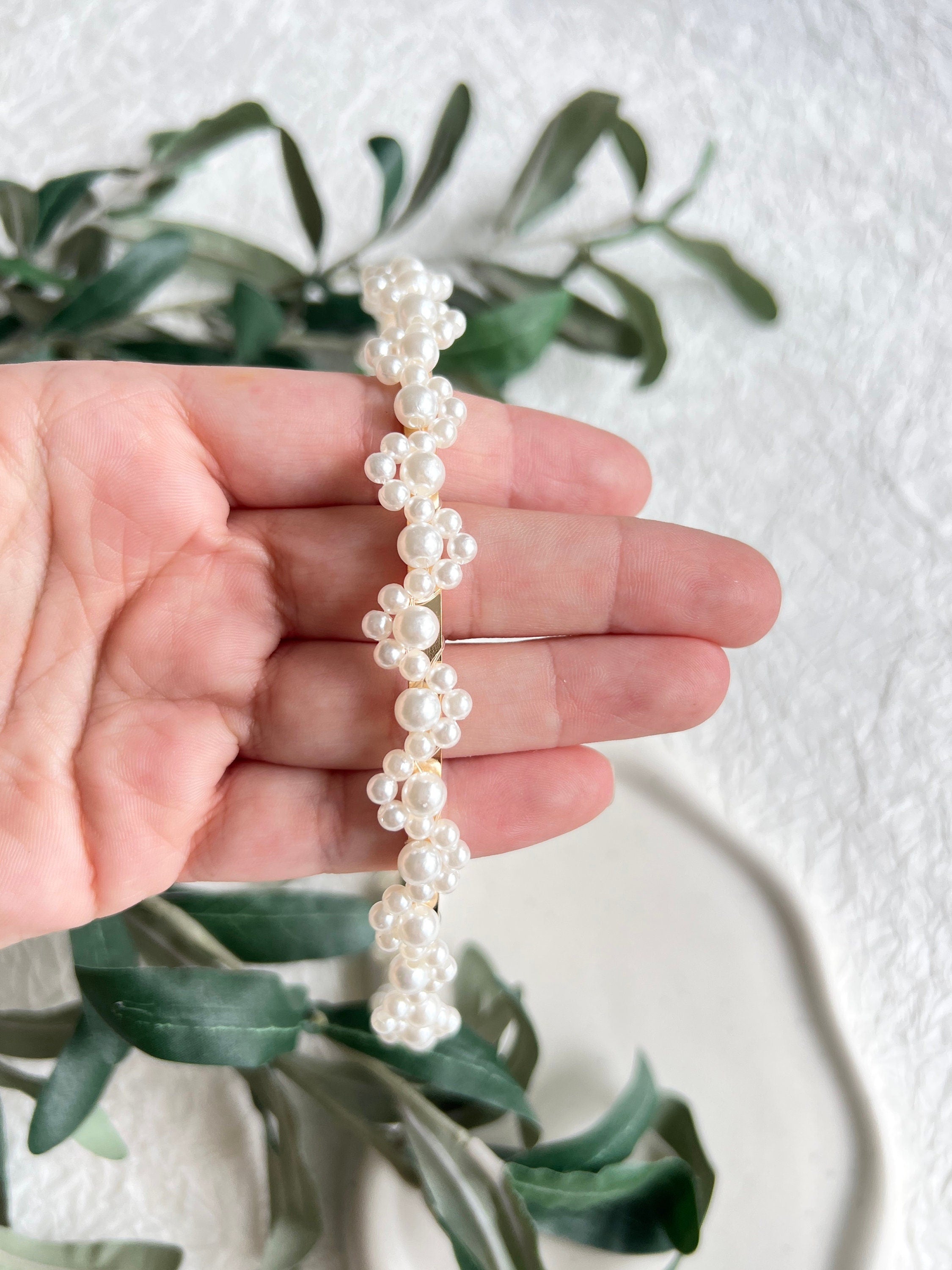Braut Haarschmuck, Weiß, Gold, Perlen Schmuck, Haarreif, Hochzeit, Brauthaarschmuck, Brautschmuck,-Brauthaarschmuck-Schmuckblüte