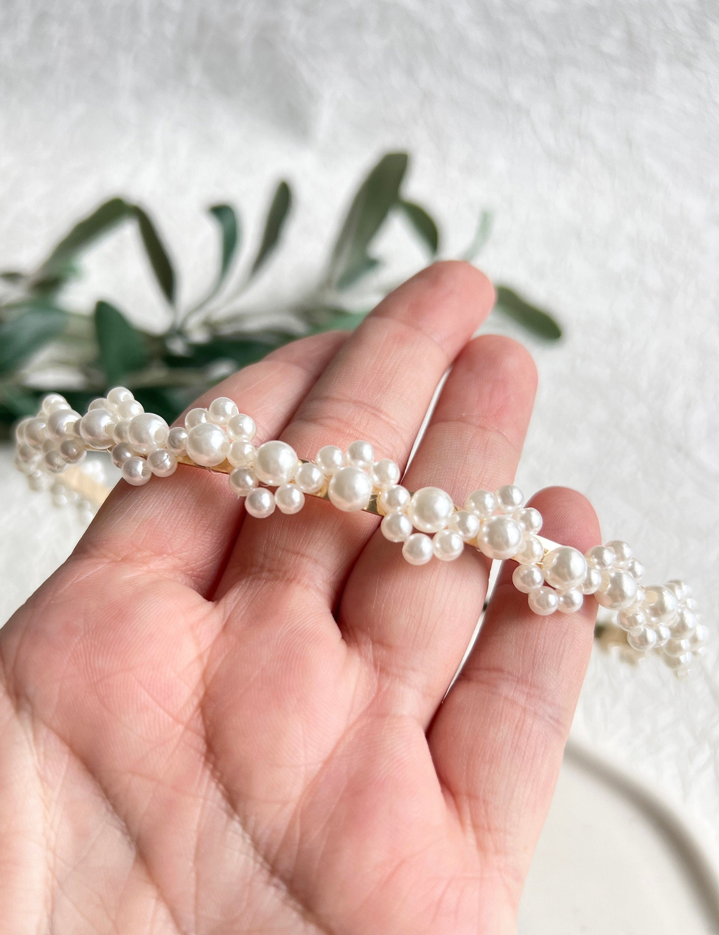 Braut Haarschmuck, Weiß, Gold, Perlen Schmuck, Haarreif, Hochzeit, Brauthaarschmuck, Brautschmuck,-Brauthaarschmuck-Schmuckblüte