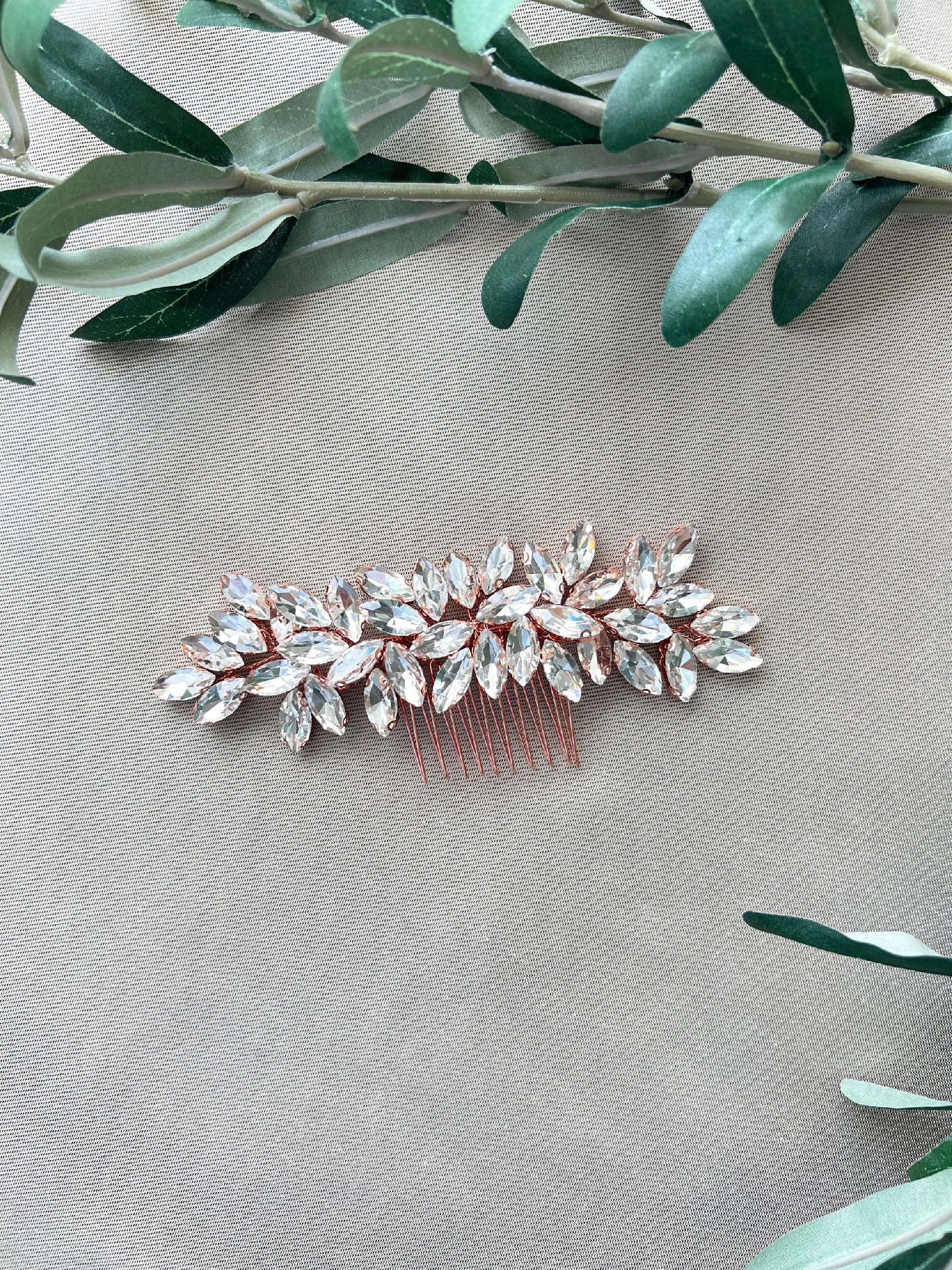 Braut Haarschmuck, elegant glänzende Strasssteine, Haarkamm, Roségold, Hochzeit, hochwertiger Brautschmuck-Brauthaarschmuck-Schmuckblüte