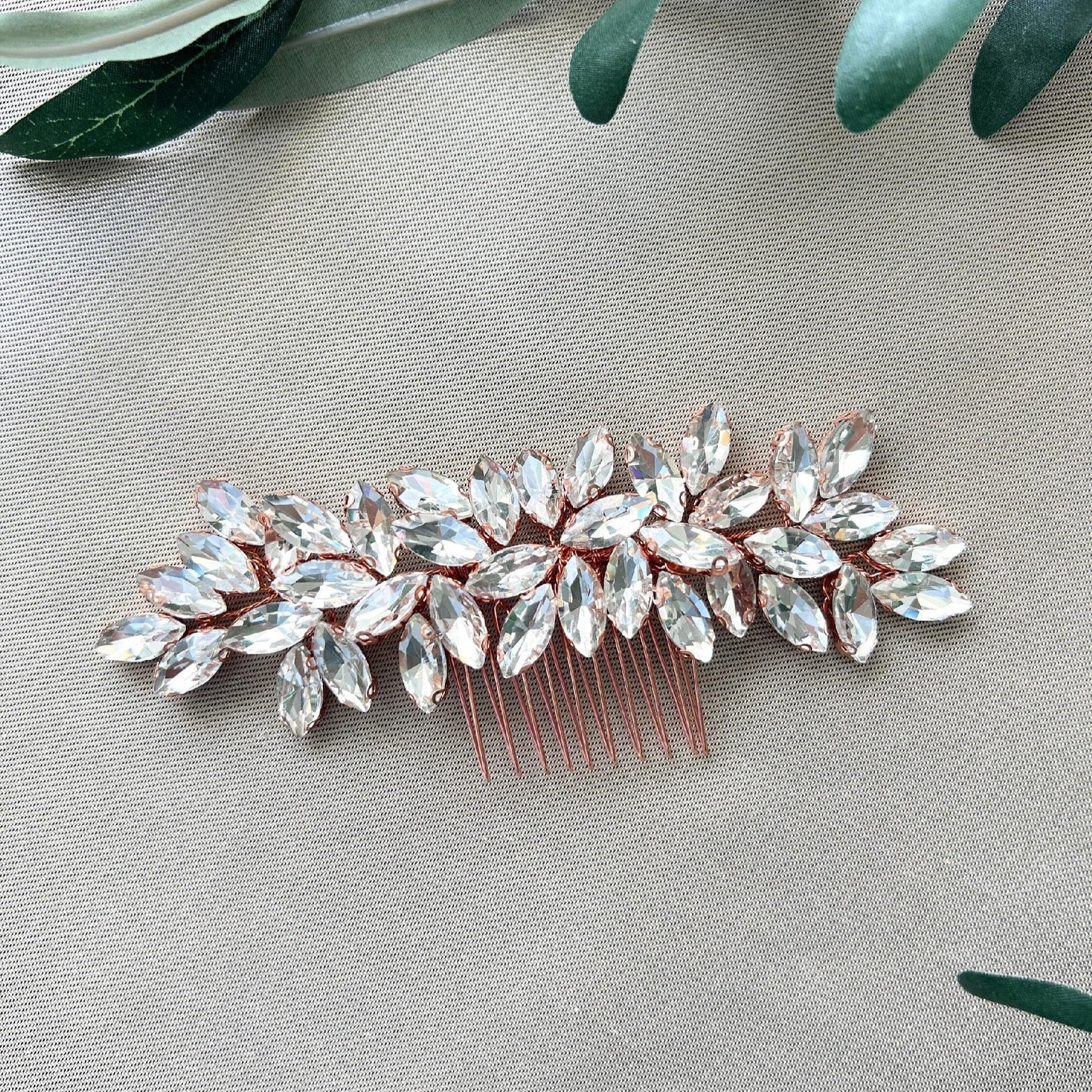 Braut Haarschmuck, elegant glänzende Strasssteine, Haarkamm, Roségold, Hochzeit, hochwertiger Brautschmuck-Brauthaarschmuck-Schmuckblüte