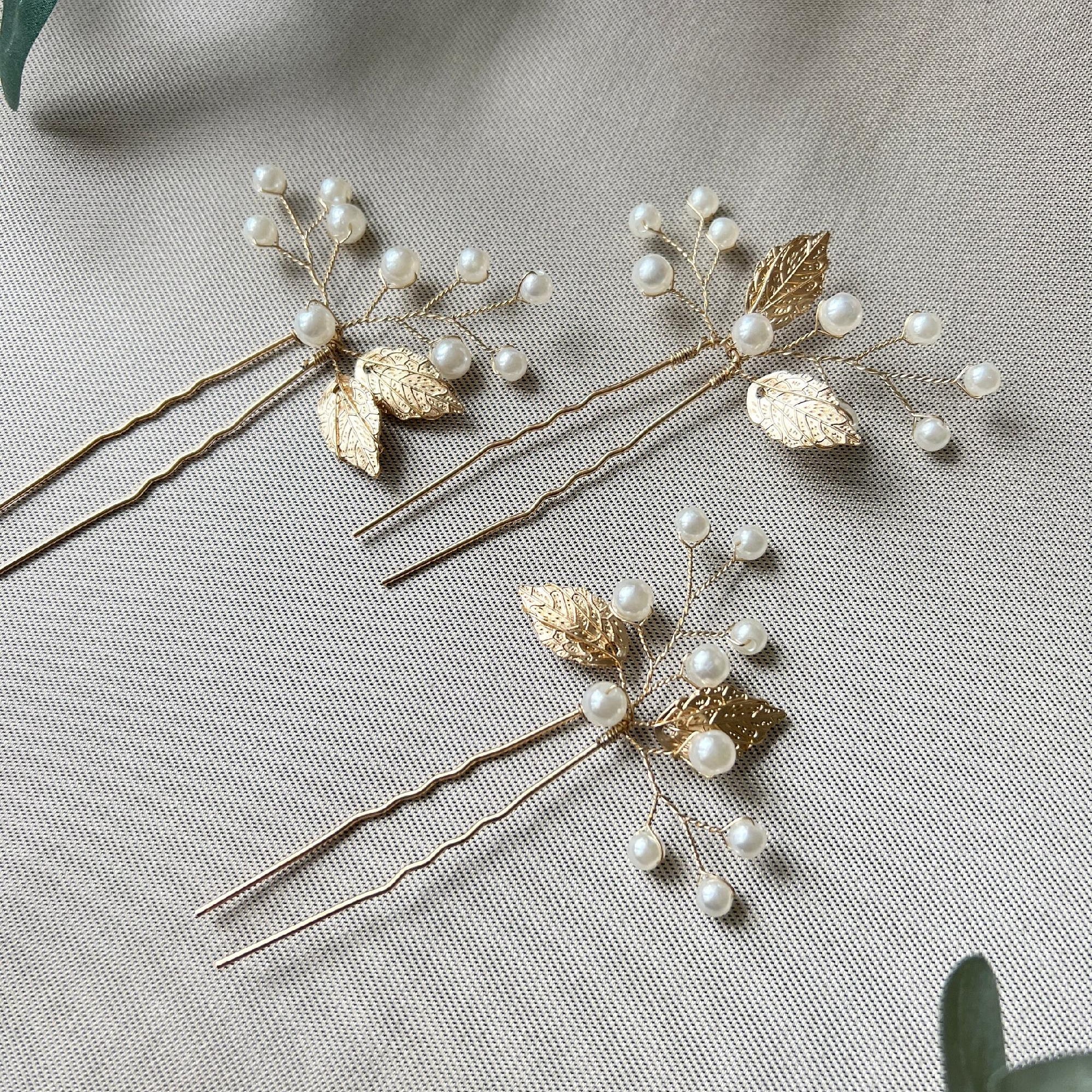 Braut Haarspange Set 3 Stück Gold mit weißen Perlen und Blättern Brautschmuck Braut Haarschmuck-Brauthaarschmuck-Schmuckblüte
