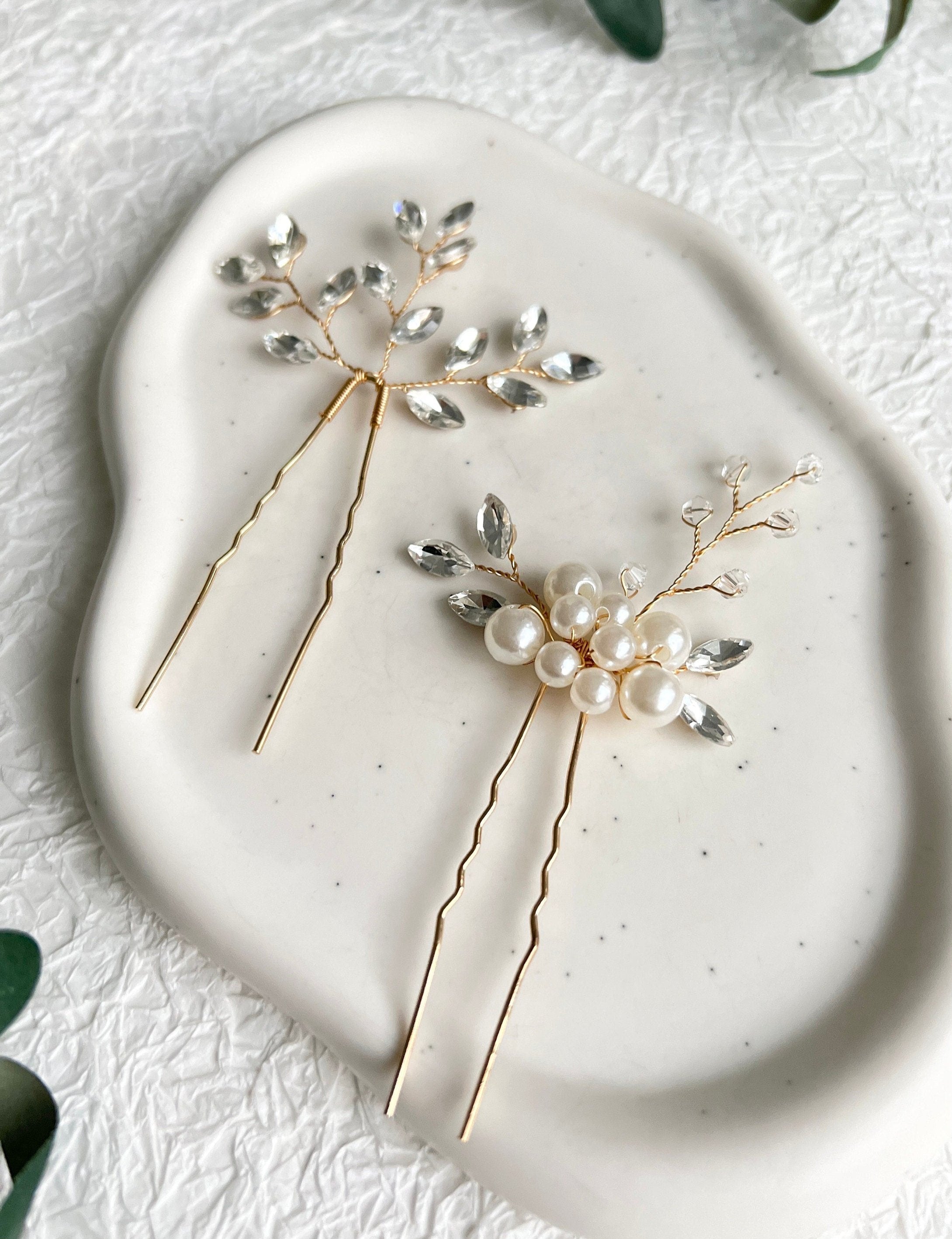 Braut Haarspangen, Set 2 Stück, Brautschmuck, Gold, Silber Strass Steine, weiße Perlen,-Brauthaarschmuck-Schmuckblüte