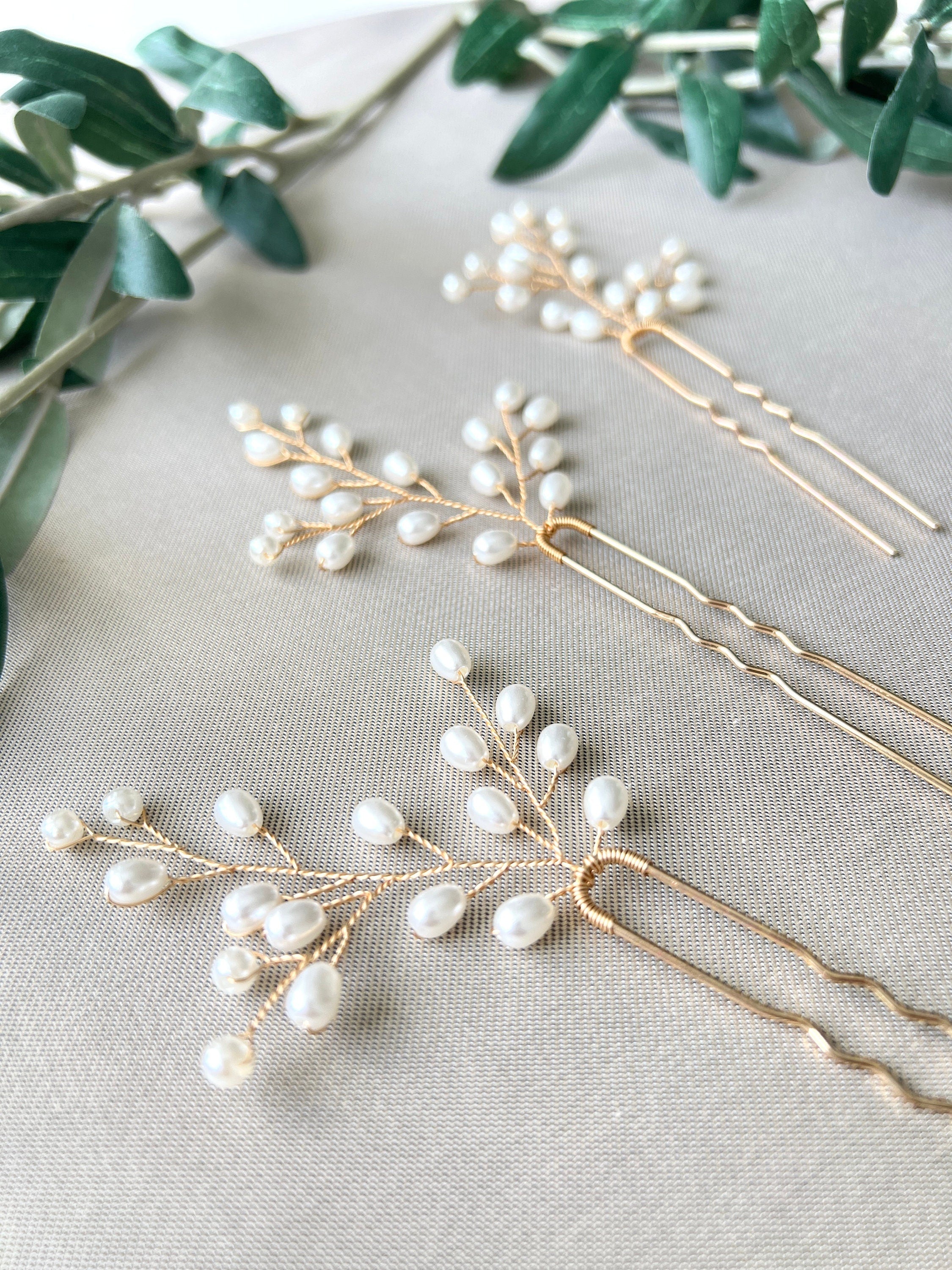 Braut Haarschmuck Set 3 Stück Haarspange gold mit weißen Perlen Haarnadeln Brautschmuck Hochzeitsschmuck Brautjungfer Trauzeugin Hochzeit-Brauthaarschmuck-Schmuckblüte