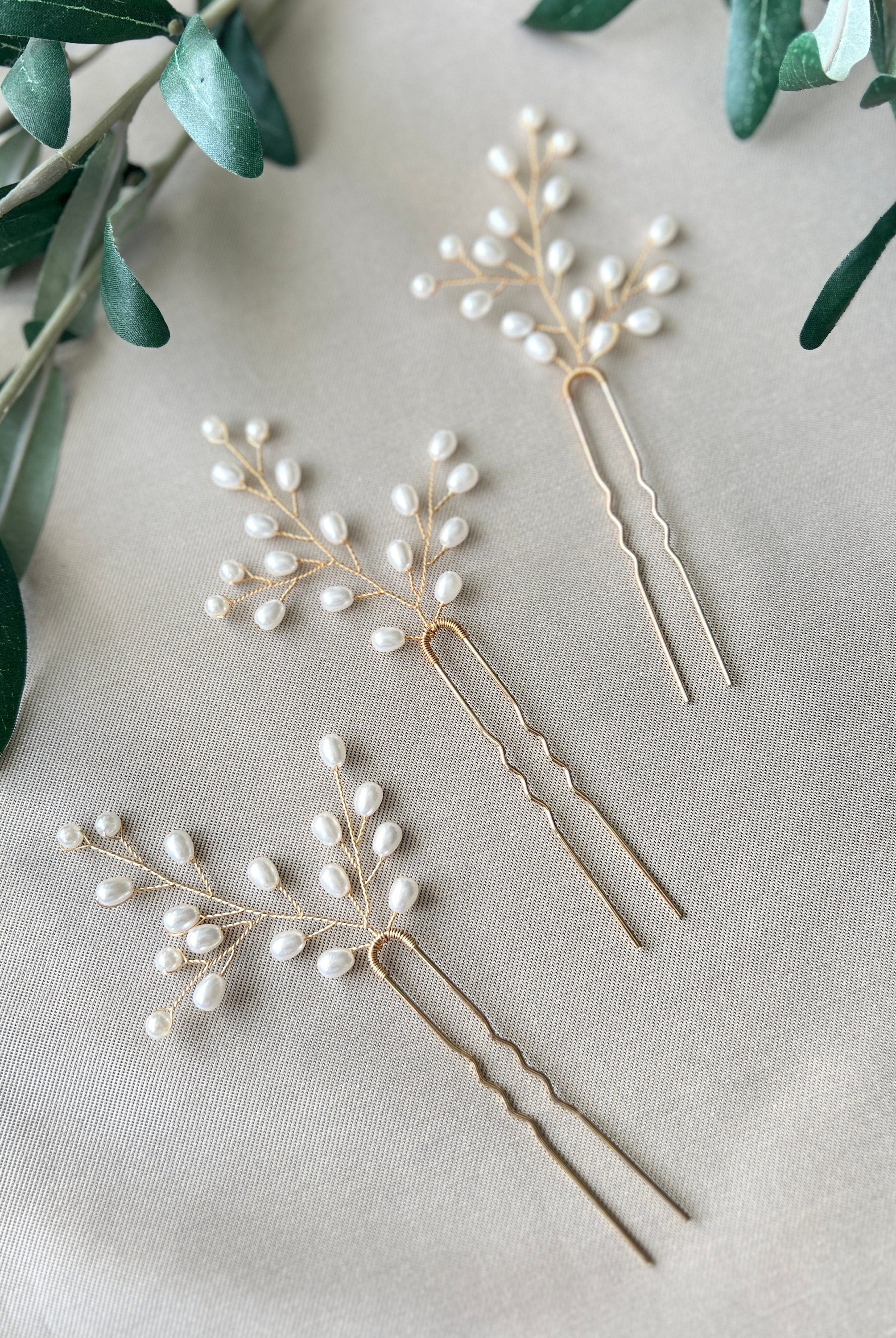 Braut Haarschmuck Set 3 Stück Haarspange gold mit weißen Perlen Haarnadeln Brautschmuck Hochzeitsschmuck Brautjungfer Trauzeugin Hochzeit-Brauthaarschmuck-Schmuckblüte