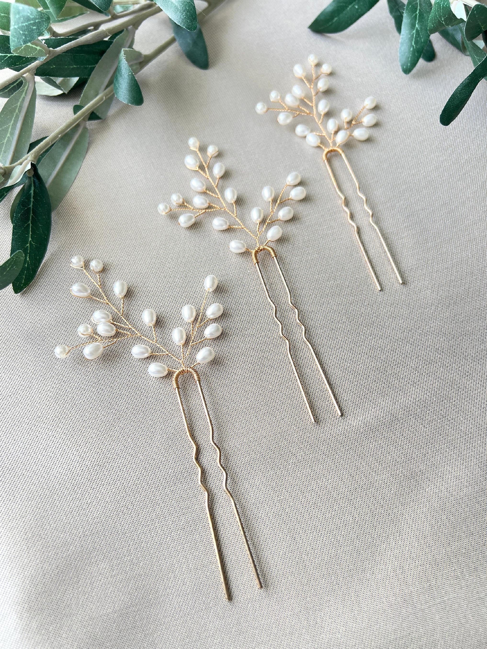 Braut Haarschmuck Set 3 Stück Haarspange gold mit weißen Perlen Haarnadeln Brautschmuck Hochzeitsschmuck Brautjungfer Trauzeugin Hochzeit-Brauthaarschmuck-Schmuckblüte