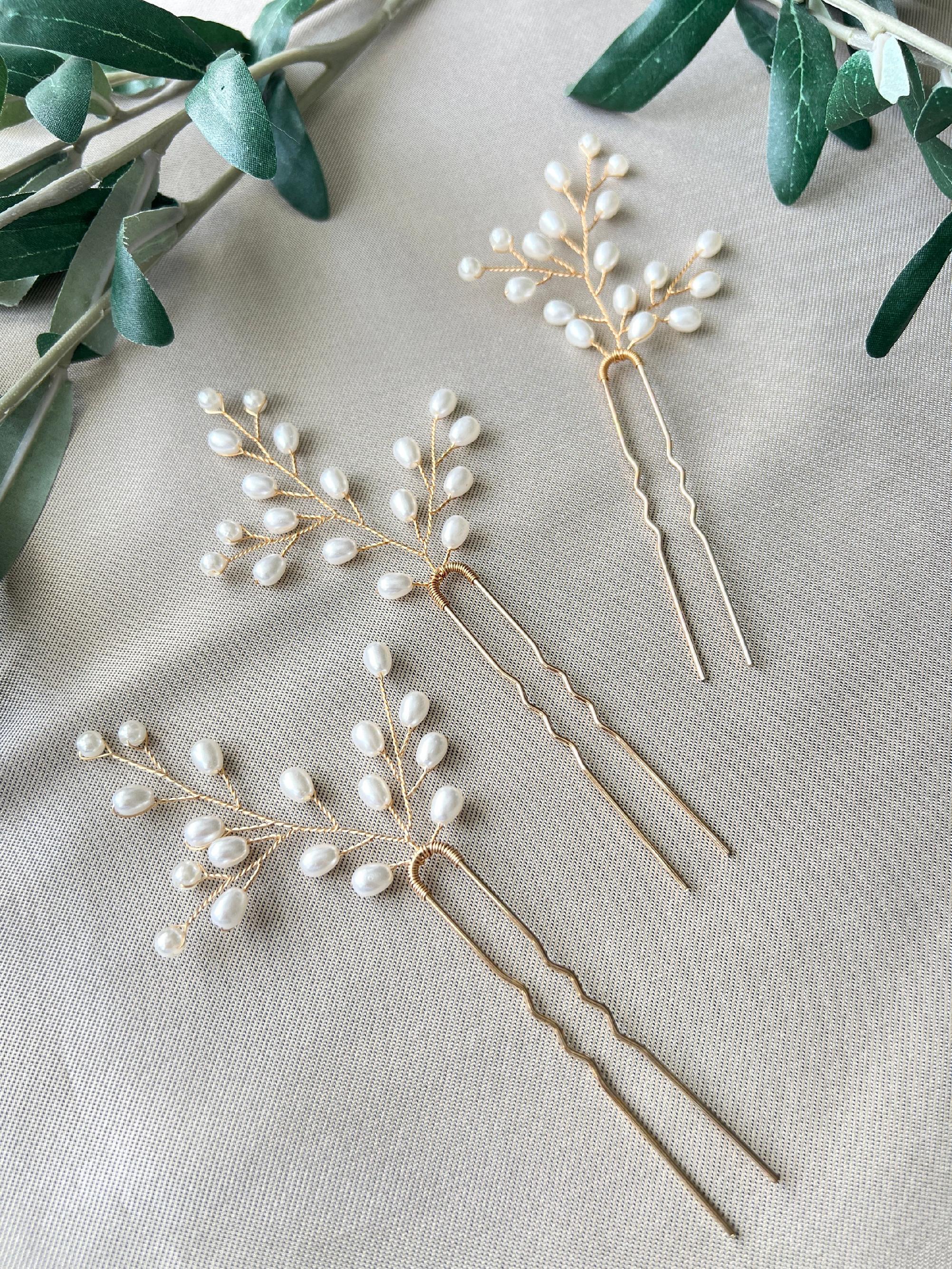 Braut Haarschmuck Set 3 Stück Haarspange gold mit weißen Perlen Haarnadeln Brautschmuck Hochzeitsschmuck Brautjungfer Trauzeugin Hochzeit-Brauthaarschmuck-Schmuckblüte