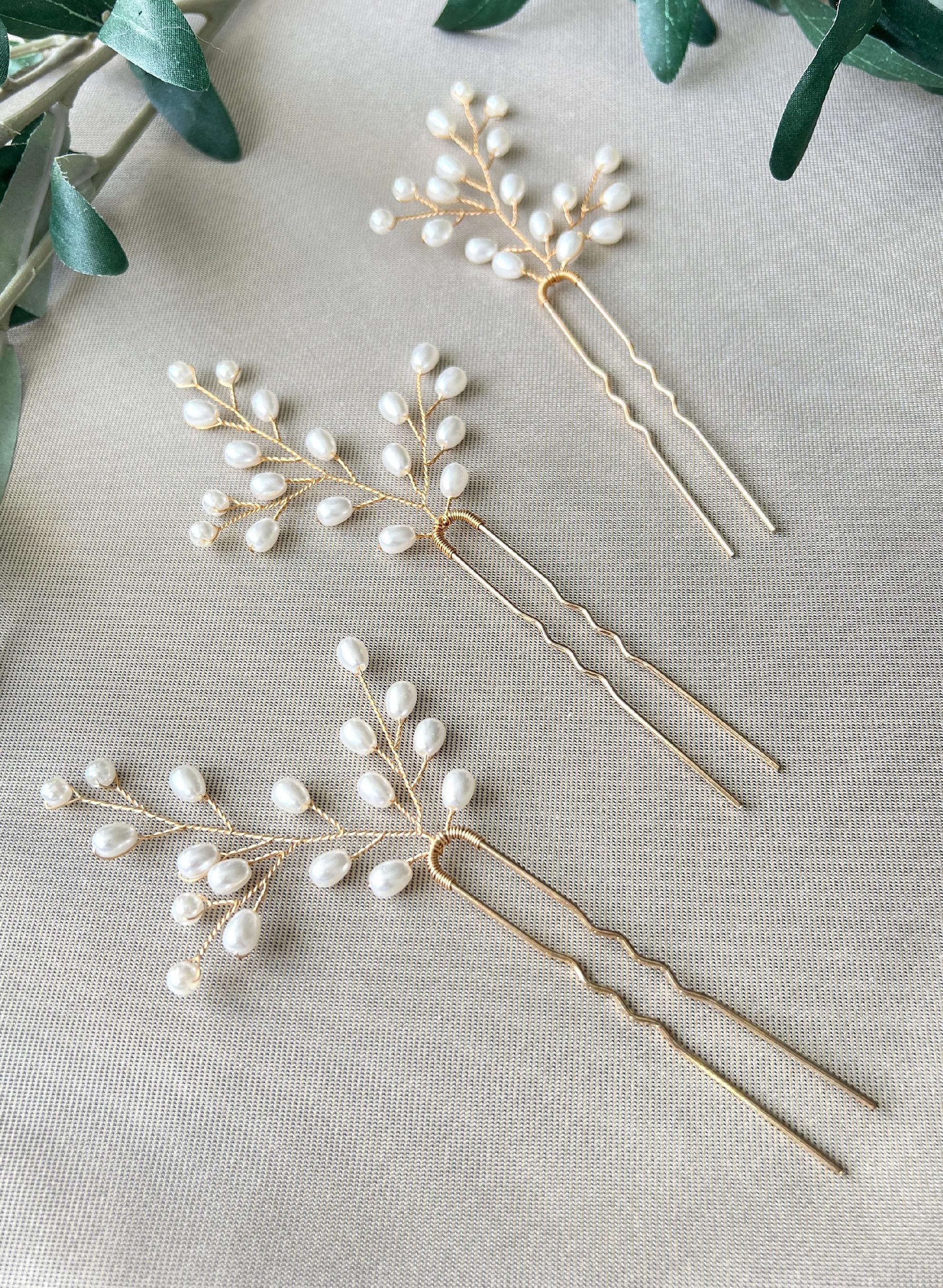 Braut Haarschmuck Set 3 Stück Haarspange gold mit weißen Perlen Haarnadeln Brautschmuck Hochzeitsschmuck Brautjungfer Trauzeugin Hochzeit-Brauthaarschmuck-Schmuckblüte