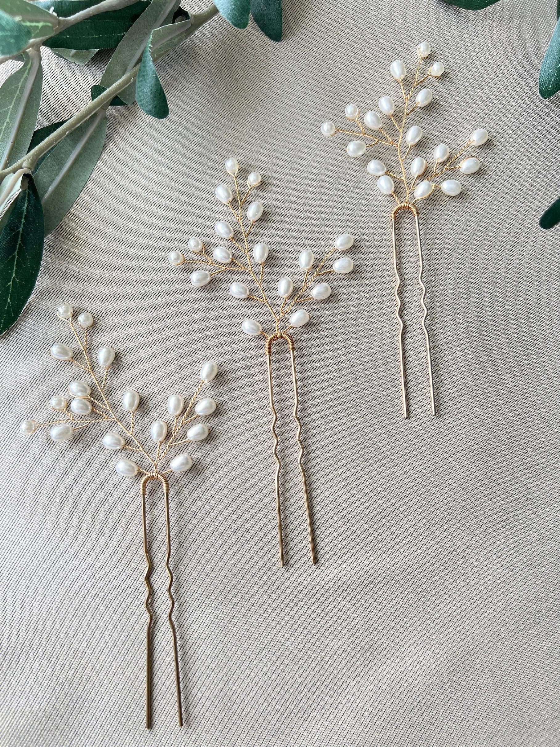 Braut Haarschmuck Set 3 Stück Haarspange gold mit weißen Perlen Haarnadeln Brautschmuck Hochzeitsschmuck Brautjungfer Trauzeugin Hochzeit-Brauthaarschmuck-Schmuckblüte