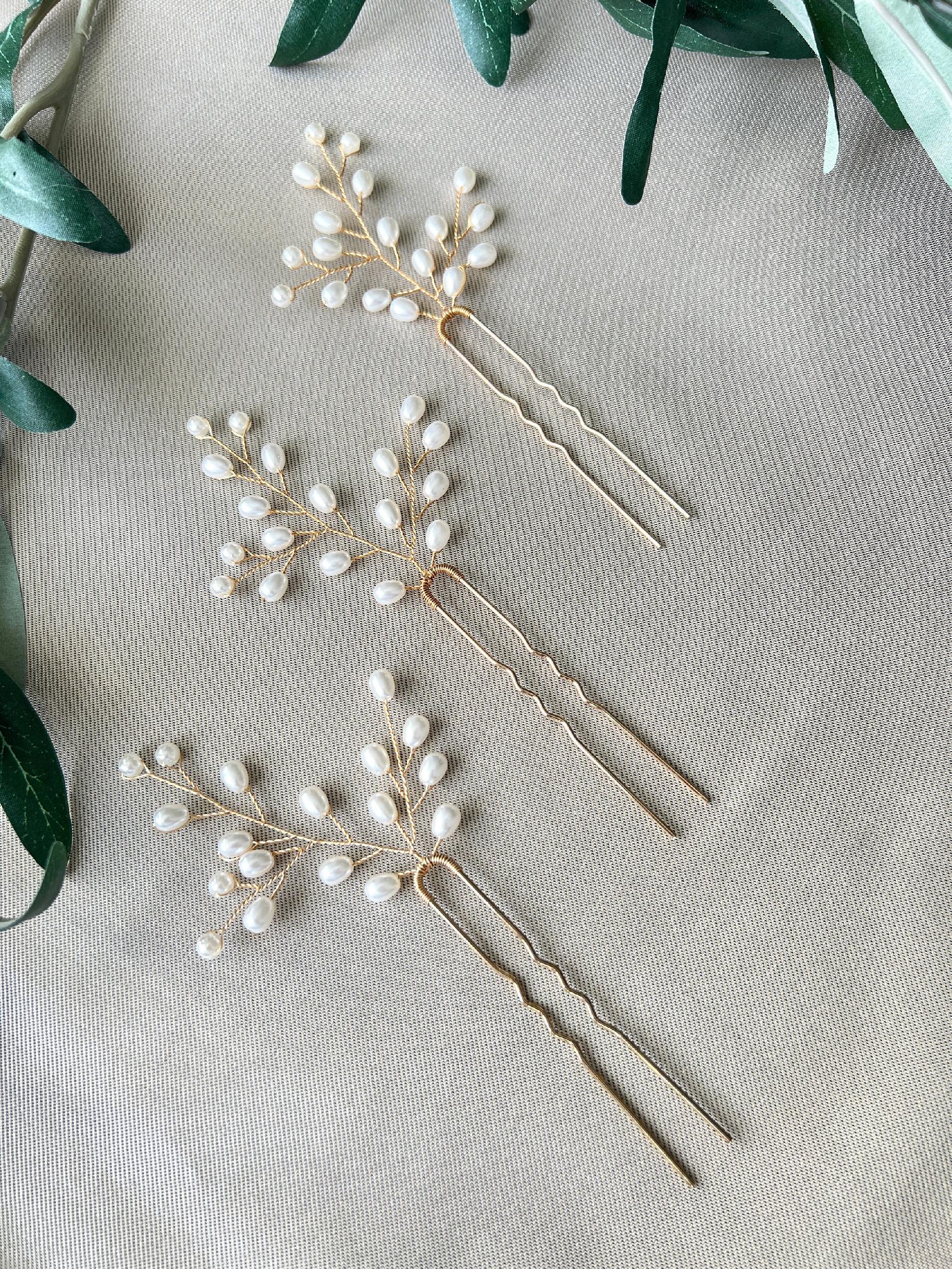 Braut Haarschmuck Set 3 Stück Haarspange gold mit weißen Perlen Haarnadeln Brautschmuck Hochzeitsschmuck Brautjungfer Trauzeugin Hochzeit-Brauthaarschmuck-Schmuckblüte