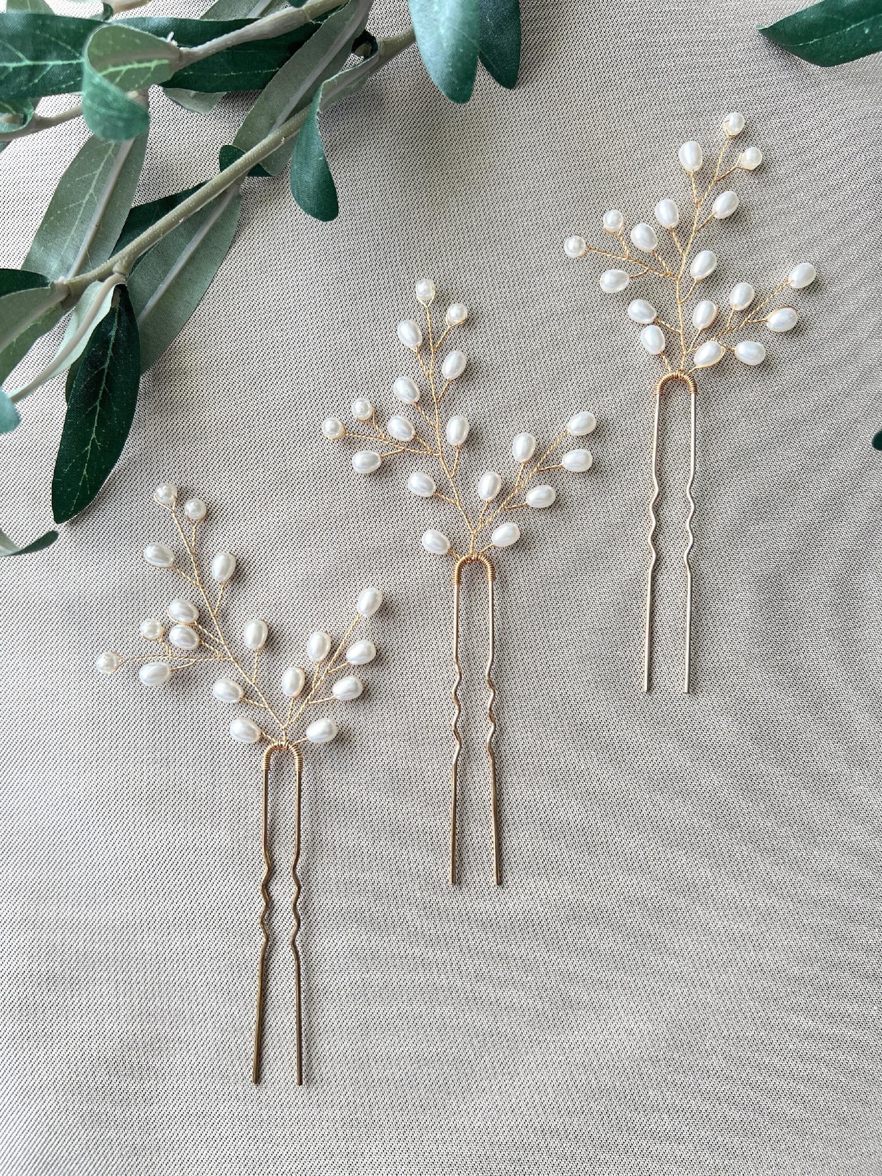 Braut Haarschmuck Set 3 Stück Haarspange gold mit weißen Perlen Haarnadeln Brautschmuck Hochzeitsschmuck Brautjungfer Trauzeugin Hochzeit-Brauthaarschmuck-Schmuckblüte