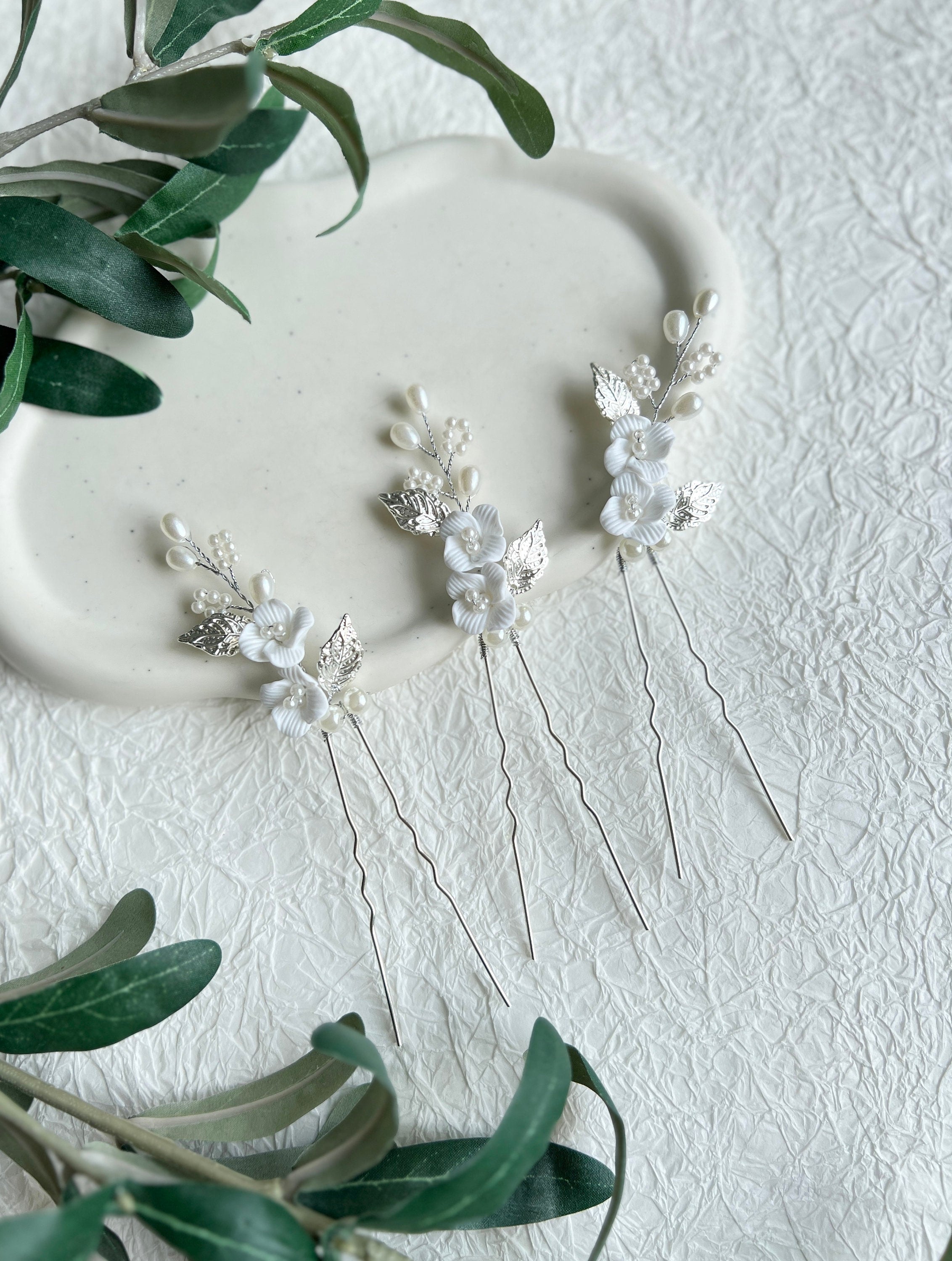 Haarspange Set 3 Stück Braut Silber mit weißen Perlen Blumen Blätter Brautschmuck Braut-Brauthaarschmuck-Schmuckblüte