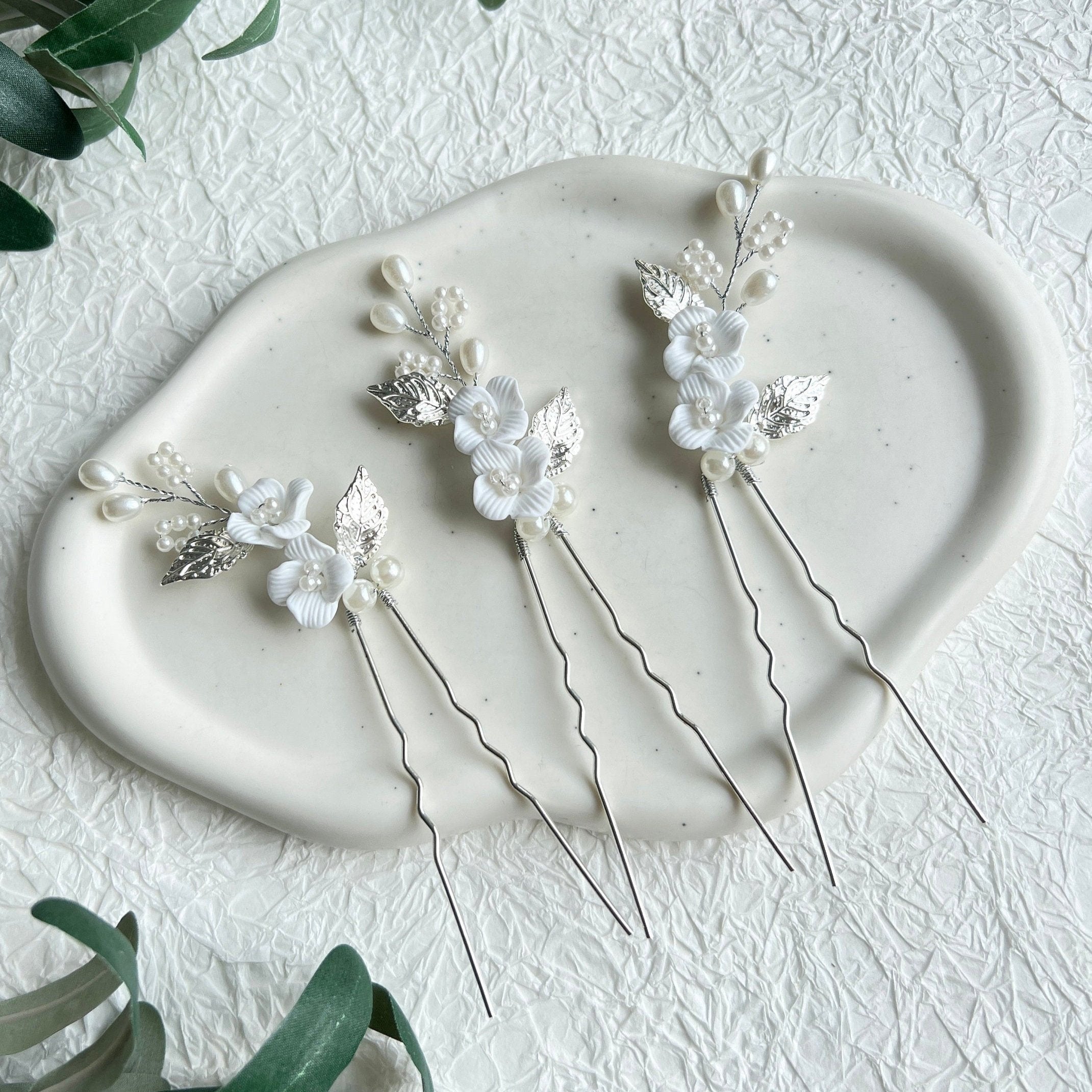 Haarspange Set 3 Stück Braut Silber mit weißen Perlen Blumen Blätter Brautschmuck Braut-Brauthaarschmuck-Schmuckblüte
