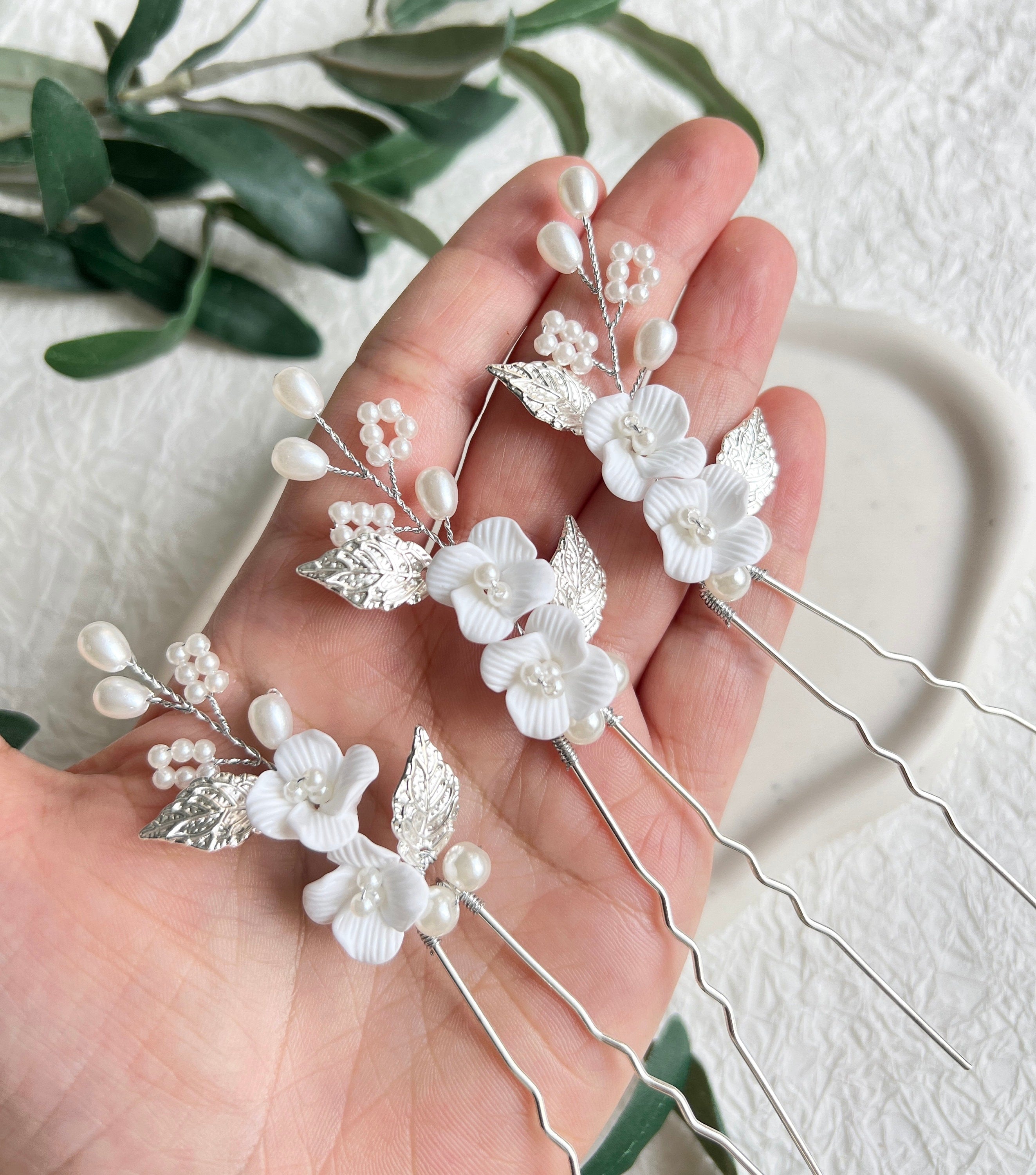 Haarspange Set 3 Stück Braut Silber mit weißen Perlen Blumen Blätter Brautschmuck Braut-Brauthaarschmuck-Schmuckblüte