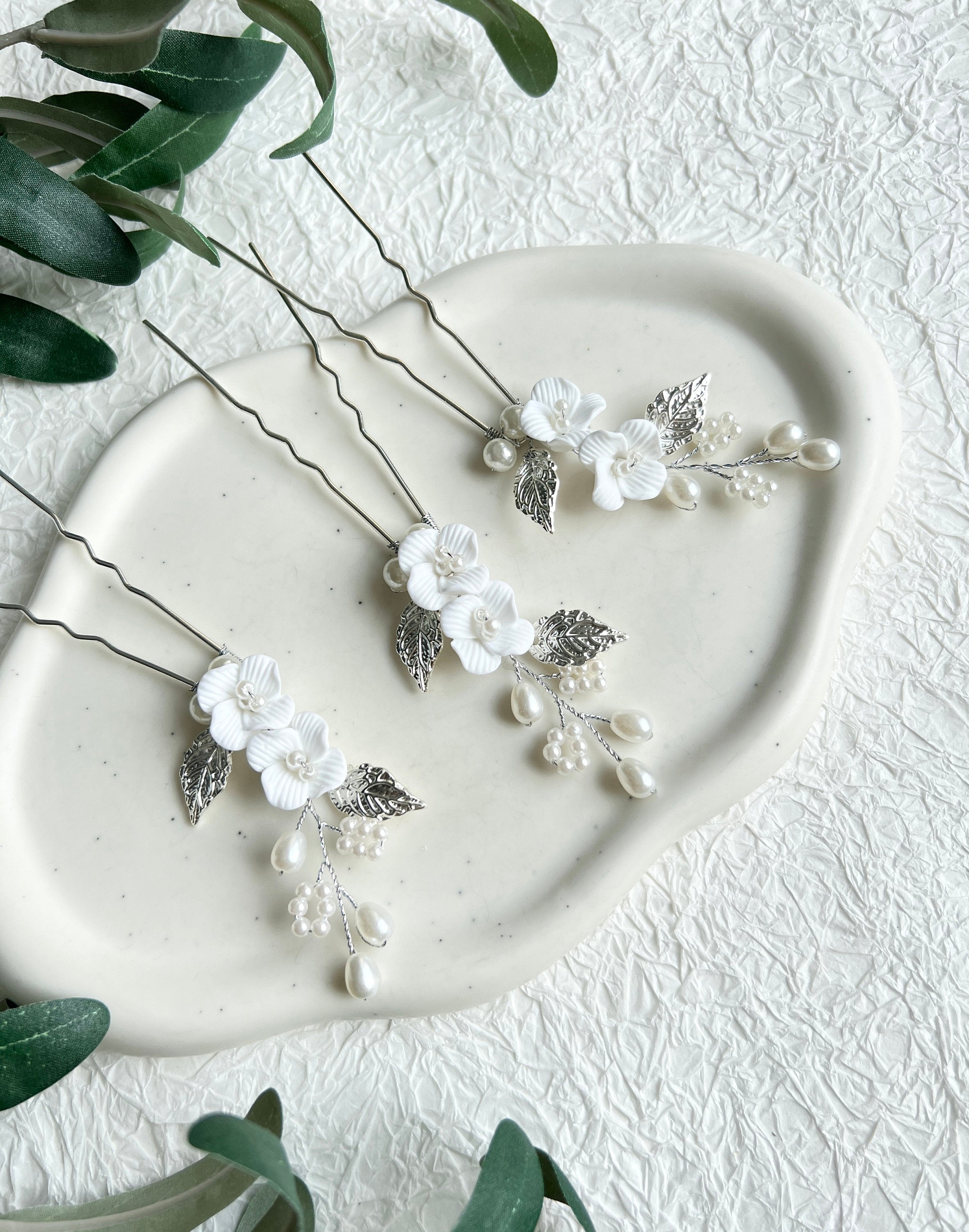 Haarspange Set 3 Stück Braut Silber mit weißen Perlen Blumen Blätter Brautschmuck Braut-Brauthaarschmuck-Schmuckblüte