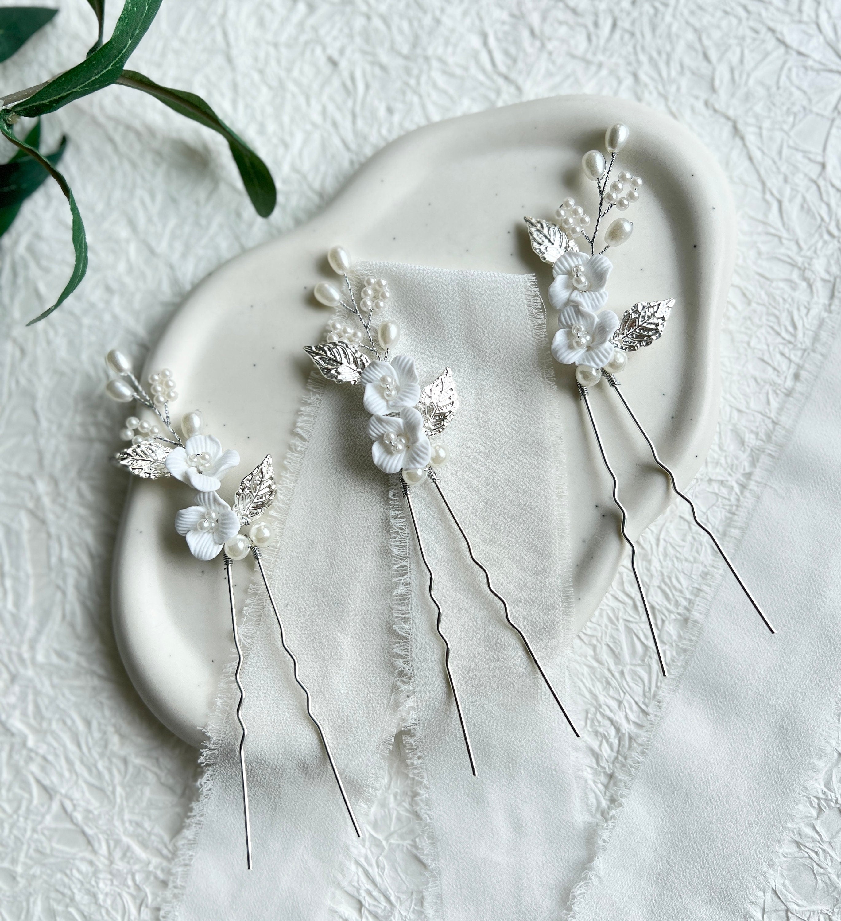 Haarspange Set 3 Stück Braut Silber mit weißen Perlen Blumen Blätter Brautschmuck Braut-Brauthaarschmuck-Schmuckblüte