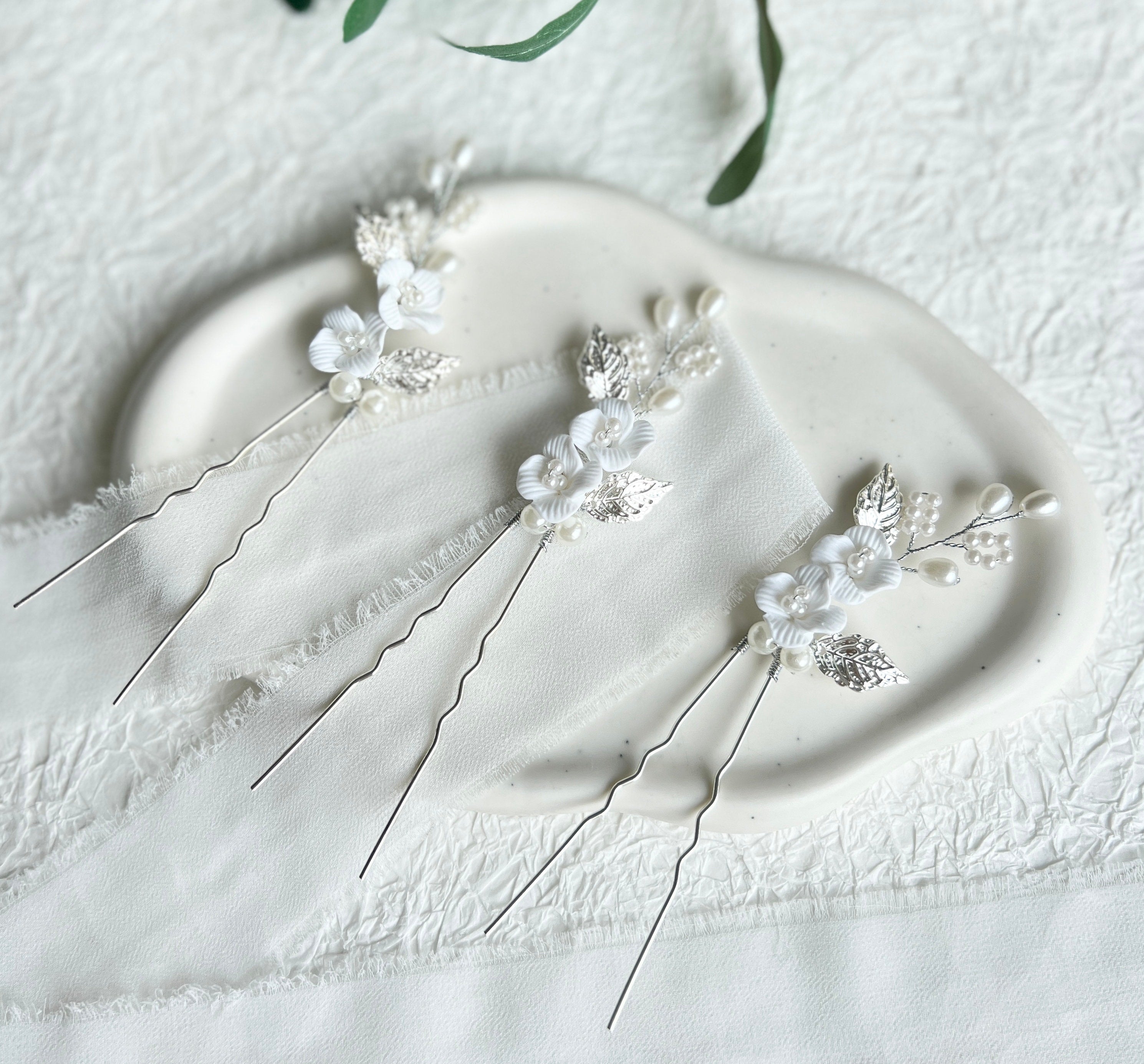 Haarspange Set 3 Stück Braut Silber mit weißen Perlen Blumen Blätter Brautschmuck Braut-Brauthaarschmuck-Schmuckblüte