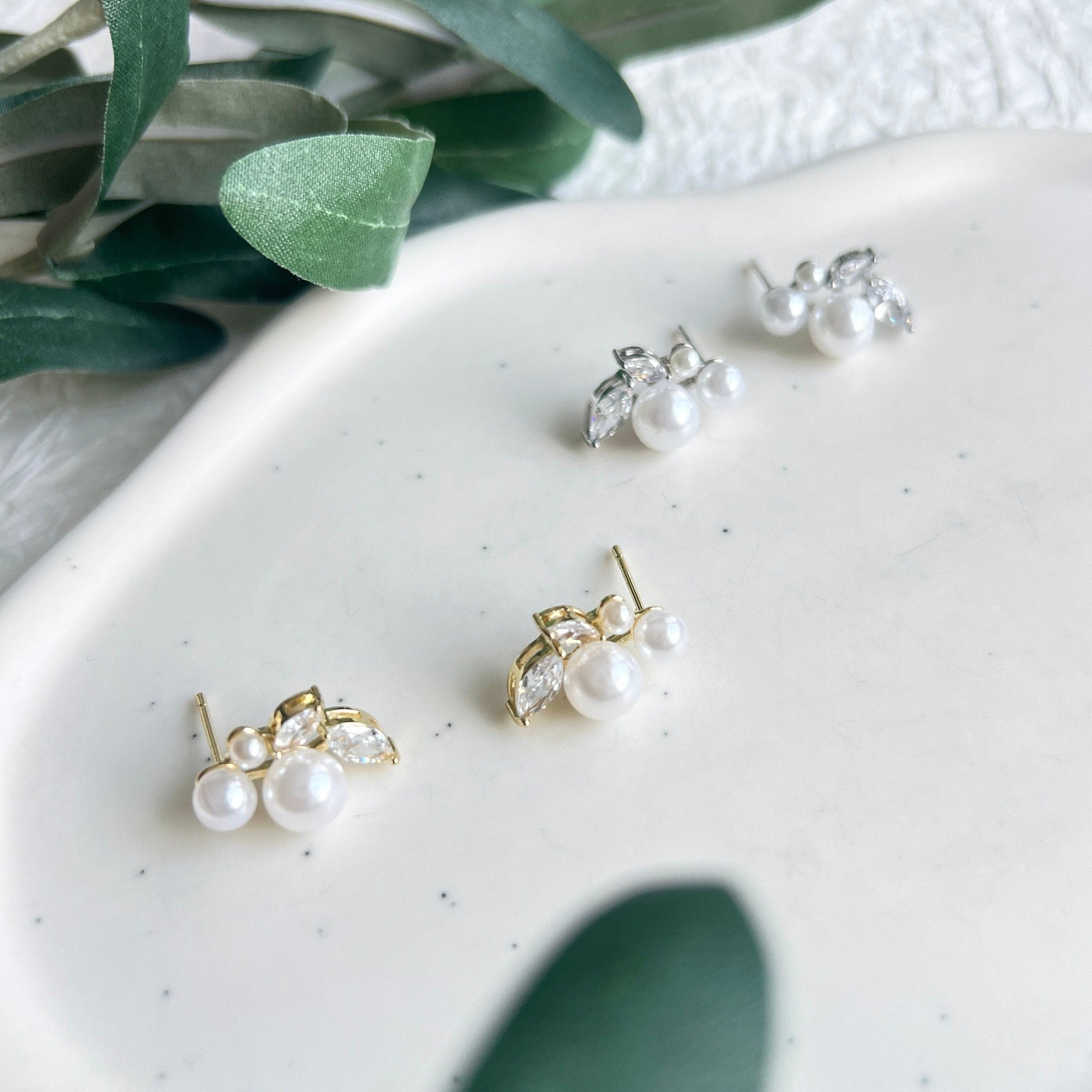 Braut Ohrringe, Perlen Ohrstecker, Silber oder Gold, Cubic Zirconia, funkelnde - Gold-Ohrringe-Schmuckblüte