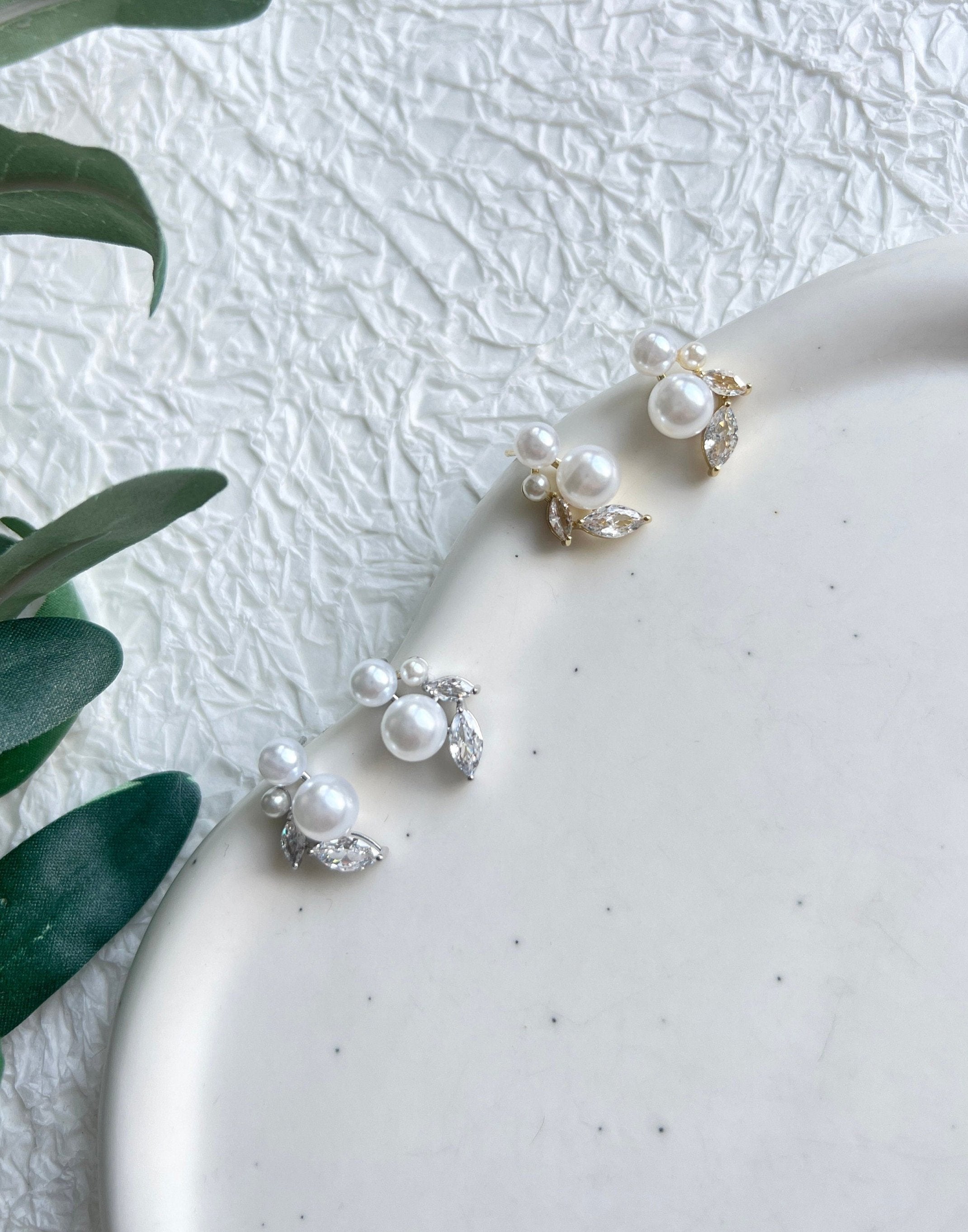 Braut Ohrringe, Perlen Ohrstecker, Silber oder Gold, Cubic Zirconia, funkelnde - Gold-Ohrringe-Schmuckblüte