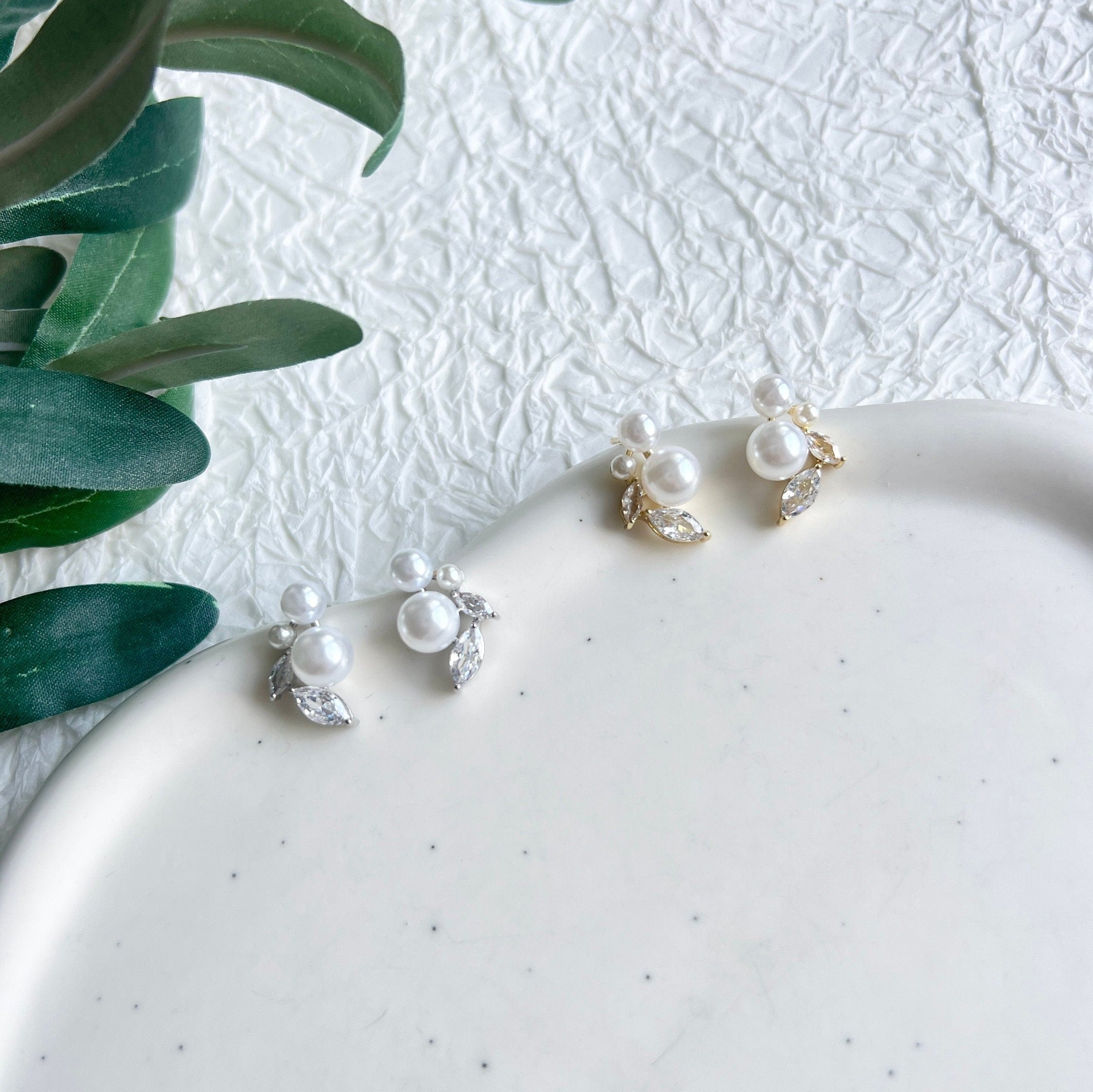 Braut Ohrringe, Perlen Ohrstecker, Silber oder Gold, Cubic Zirconia, funkelnde - Gold-Ohrringe-Schmuckblüte