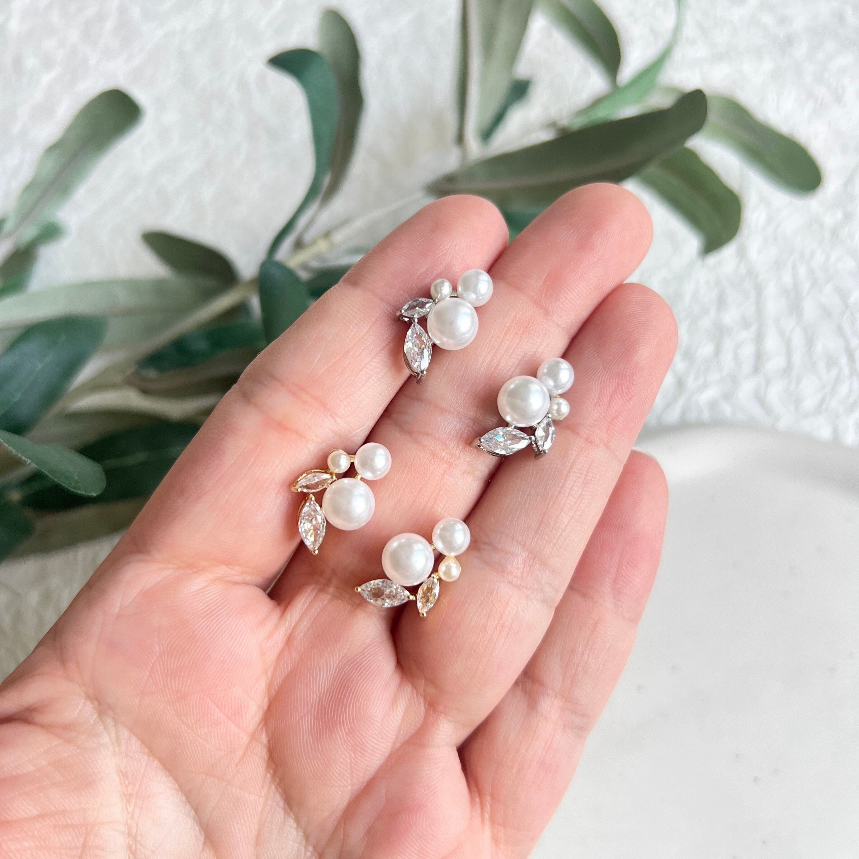 Braut Ohrringe, Perlen Ohrstecker, Silber oder Gold, Cubic Zirconia, funkelnde - Silber-Ohrringe-Schmuckblüte