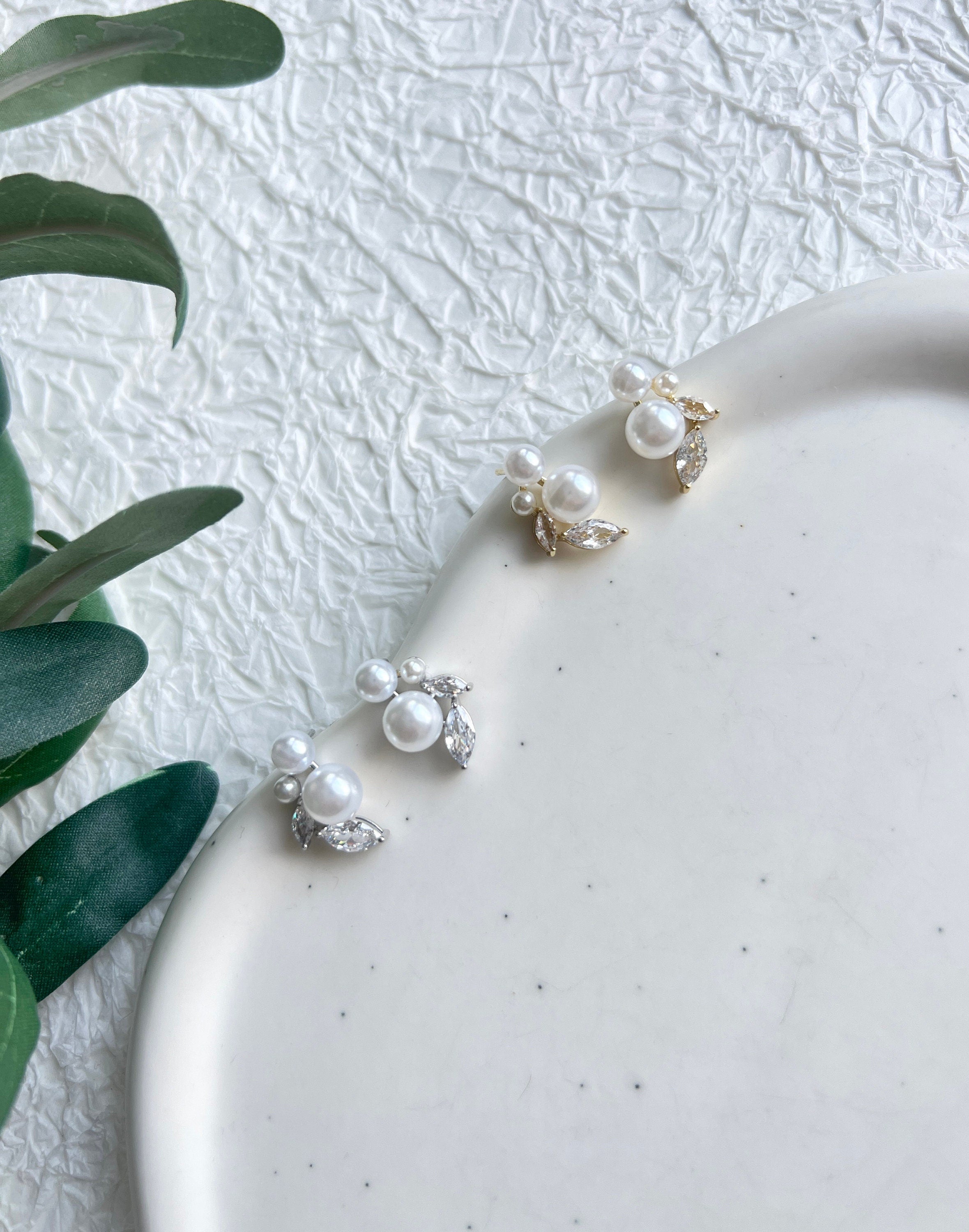 Braut Ohrringe, Perlen Ohrstecker, Silber oder Gold, Cubic Zirconia, funkelnde - Silber-Ohrringe-Schmuckblüte