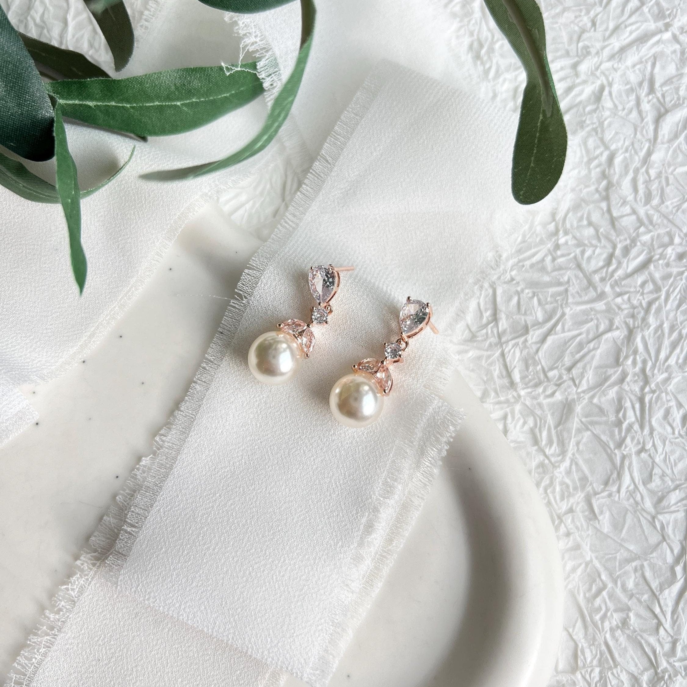 Brautohrringe, Perlen, Perlenohrringe, Roségold oder Silber, Brautschmuck, Ohrringe für die Hochzeit, Brautjungfer, Geschenk für sie, Geburtstagsgeschenk, Weihnachten