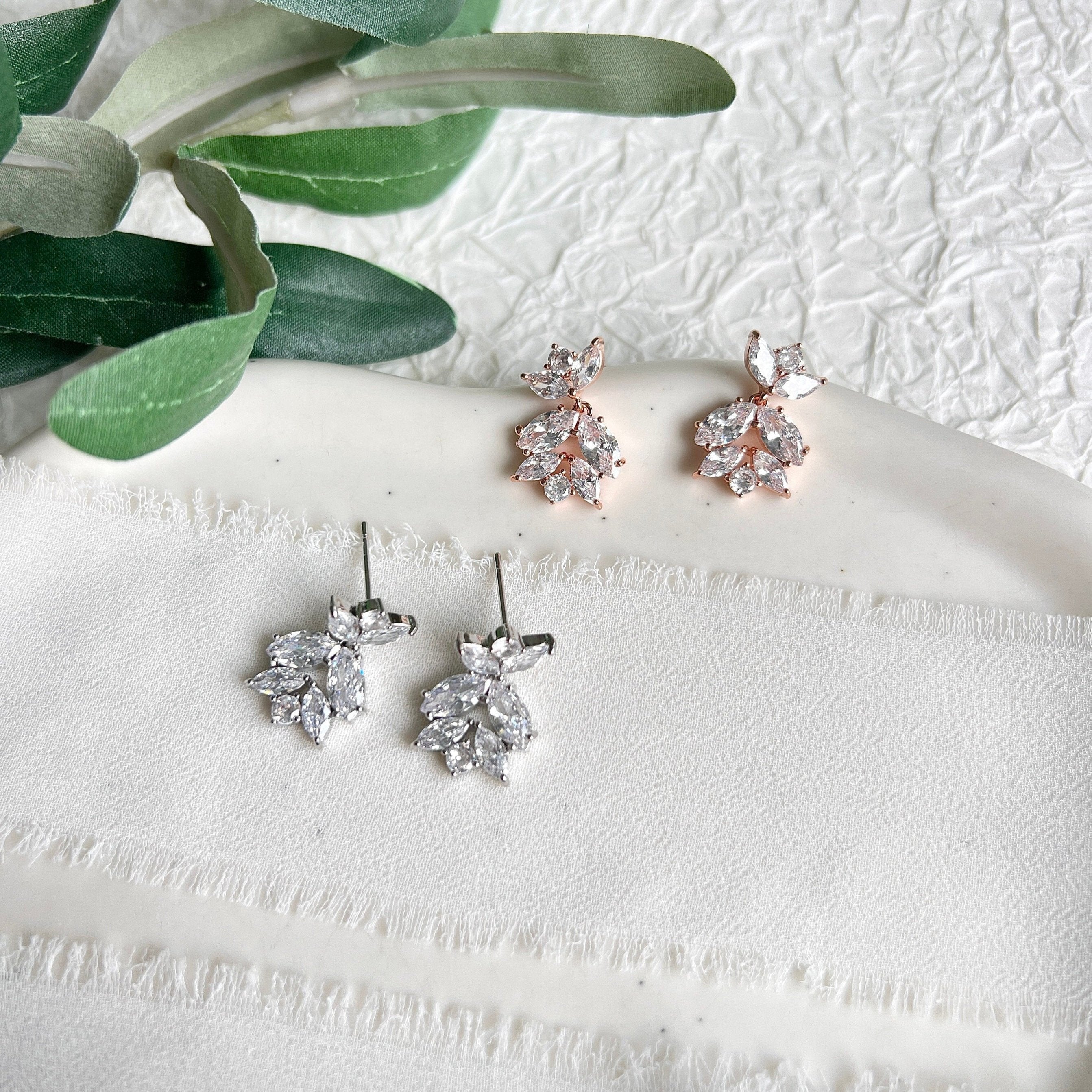 Braut Ohrringe, funkelnde Cubic Zirconia Steine, Silber oder Roségold, elegante - Roségold-Ohrringe-Schmuckblüte