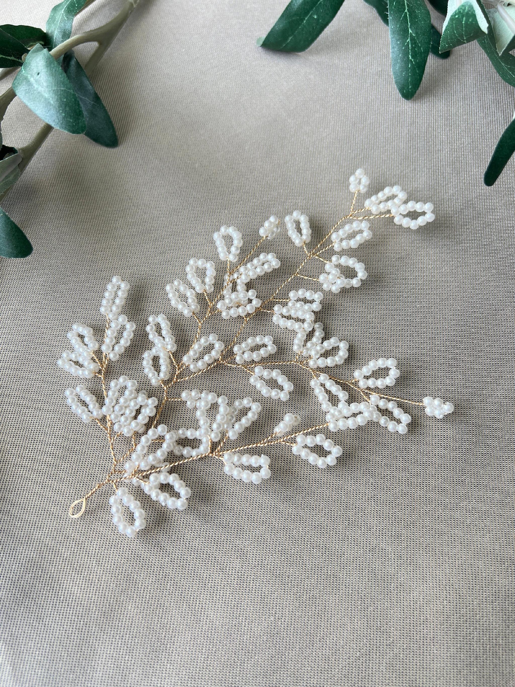 Braut seitlicher Haarschmuck, gold mit weißen Perlen, Hochzeit, Blätter Kopfschmuck, hochwertiger Brauthaarschmuck-Brauthaarschmuck-Schmuckblüte