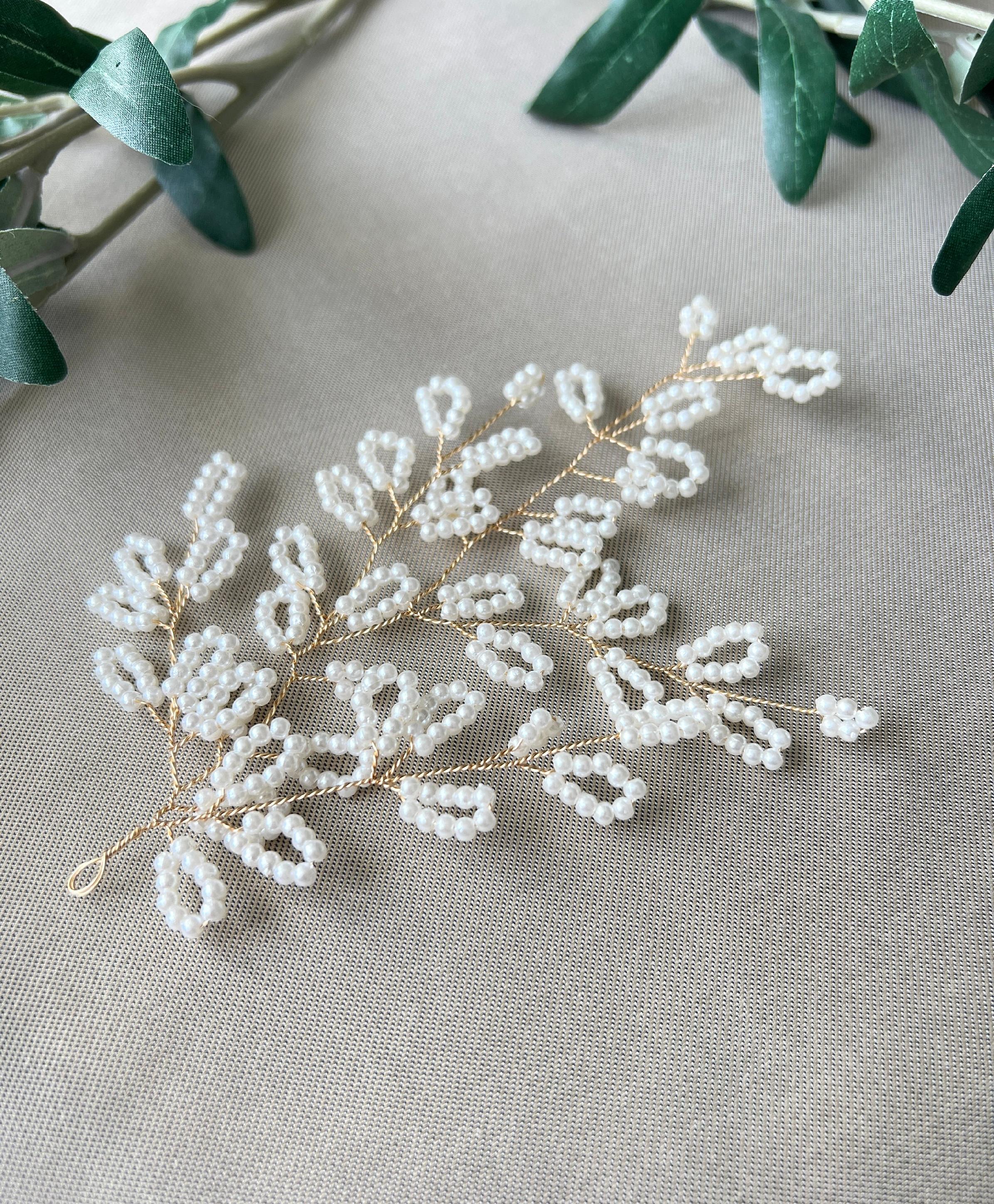 Braut seitlicher Haarschmuck, gold mit weißen Perlen, Hochzeit, Blätter Kopfschmuck, hochwertiger Brauthaarschmuck-Brauthaarschmuck-Schmuckblüte