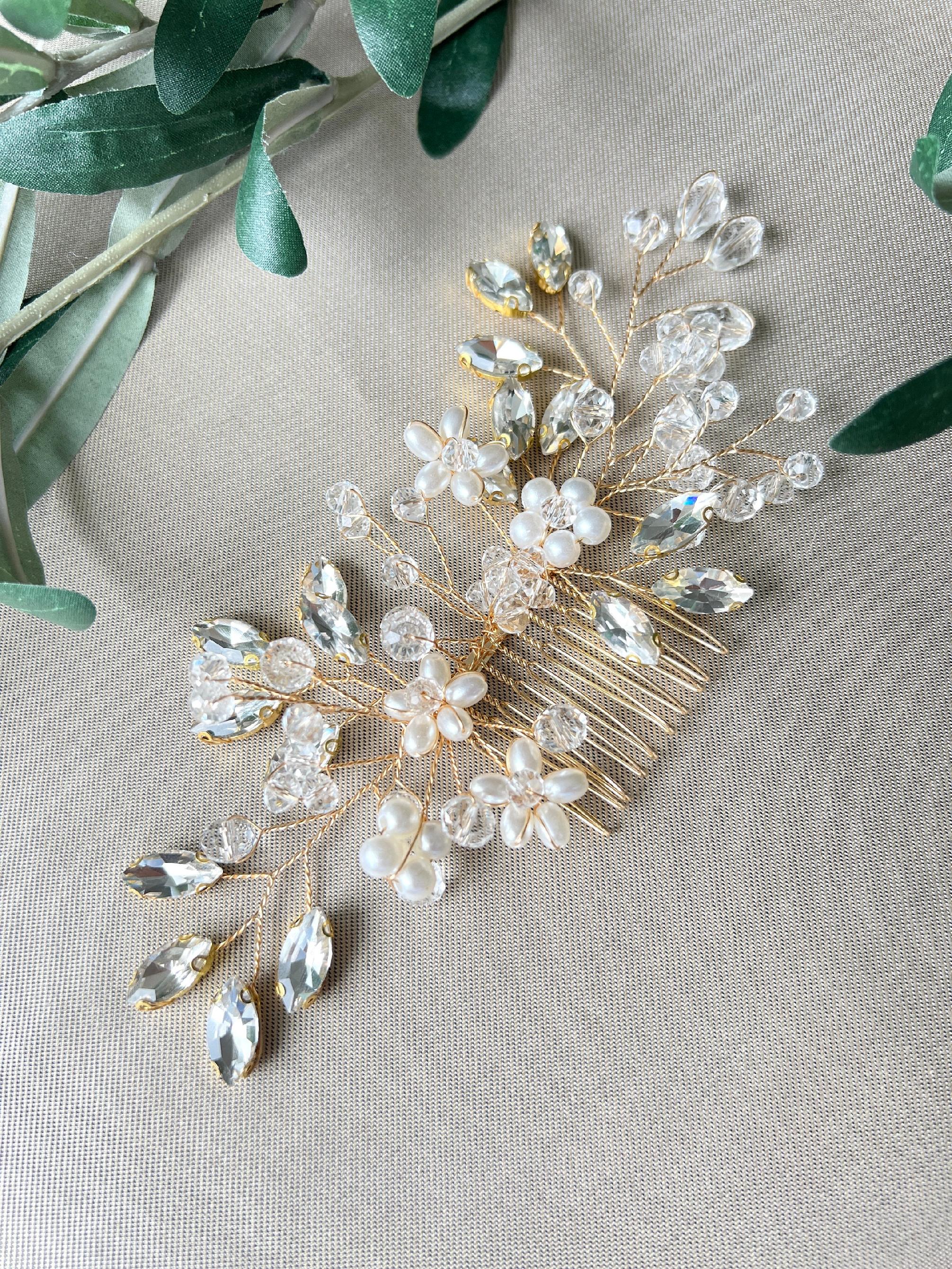 Brauthaarschmuck Haarkamm Blumen Perlen goldener Haarschmuck Hochzeit Braut Kopfschmuck Brautfrisur-Brauthaarschmuck-Schmuckblüte