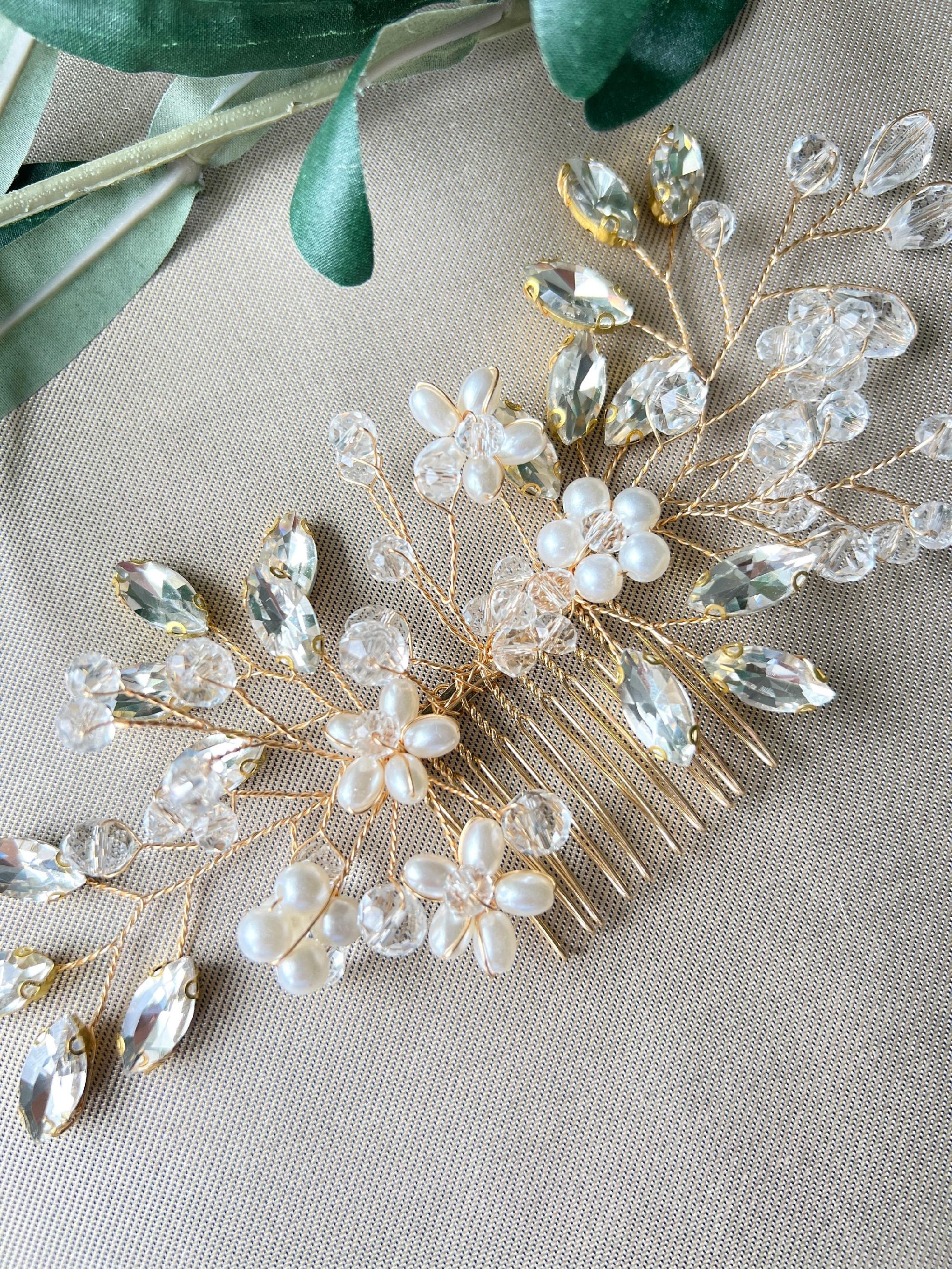 Brauthaarschmuck Haarkamm Blumen Perlen goldener Haarschmuck Hochzeit Braut Kopfschmuck Brautfrisur-Brauthaarschmuck-Schmuckblüte